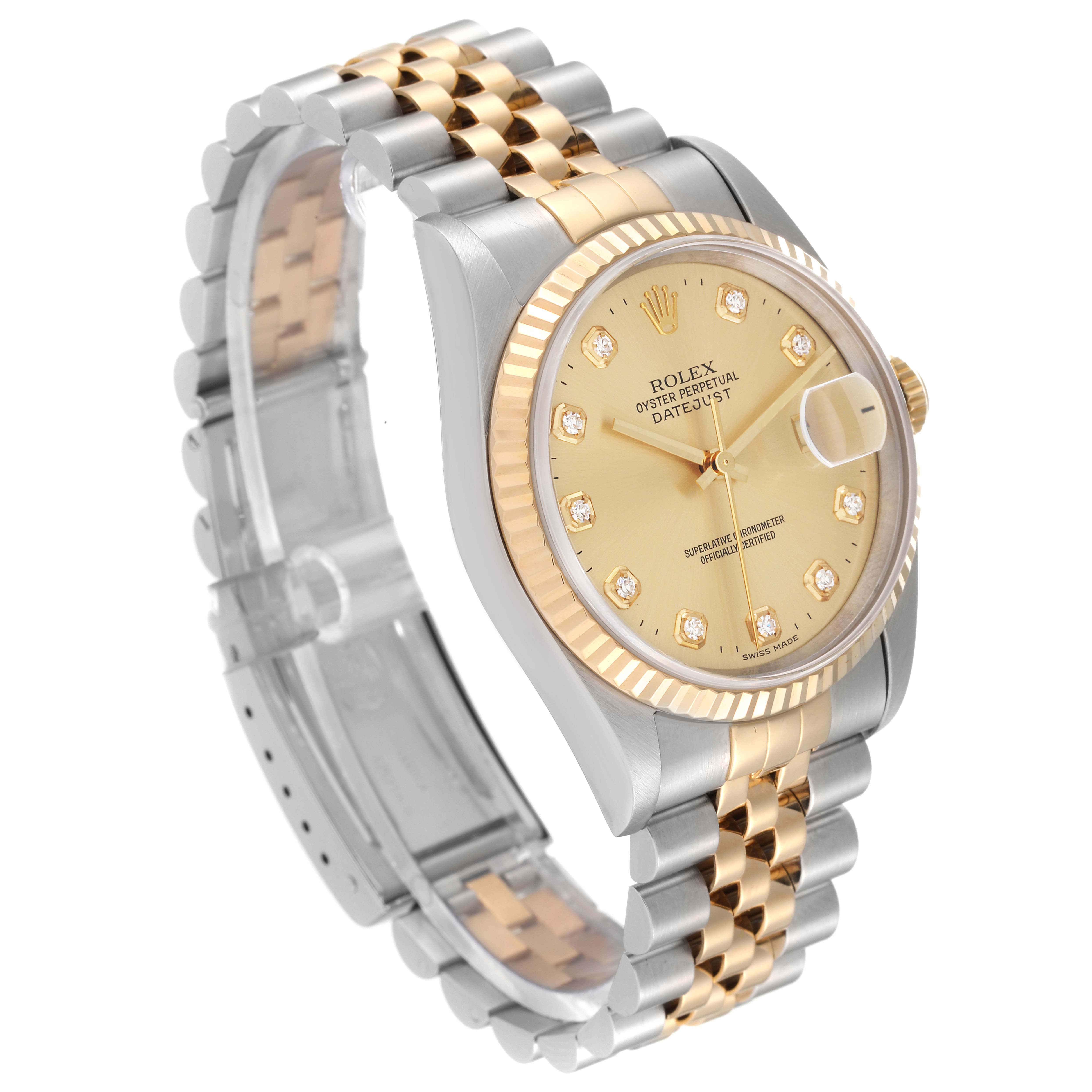 The image shows a Rolex Datejust 16233 Men's Steel and Gold (two tone) Champagne Dial 16233 Men's Steel and Gold (two tone) Champagne Dial watch at a three-quarter angle, highlighting its two-tone bracelet and diamond hour markers.