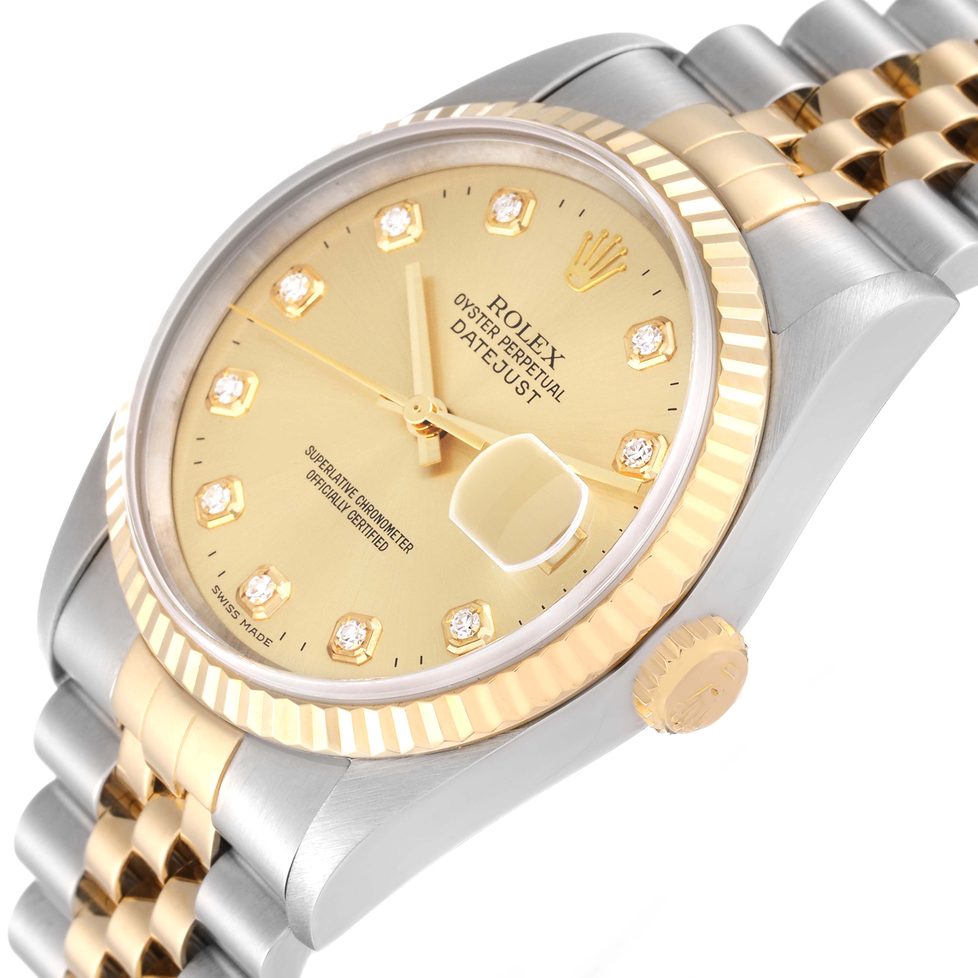 This image shows a close-up, angled view of the Rolex Datejust 16233 Men's Steel and Gold (two tone) Champagne Dial 16233 Men's Steel and Gold (two tone) Champagne Dial watch, highlighting its dial, hands, crown, and two-tone bracelet.