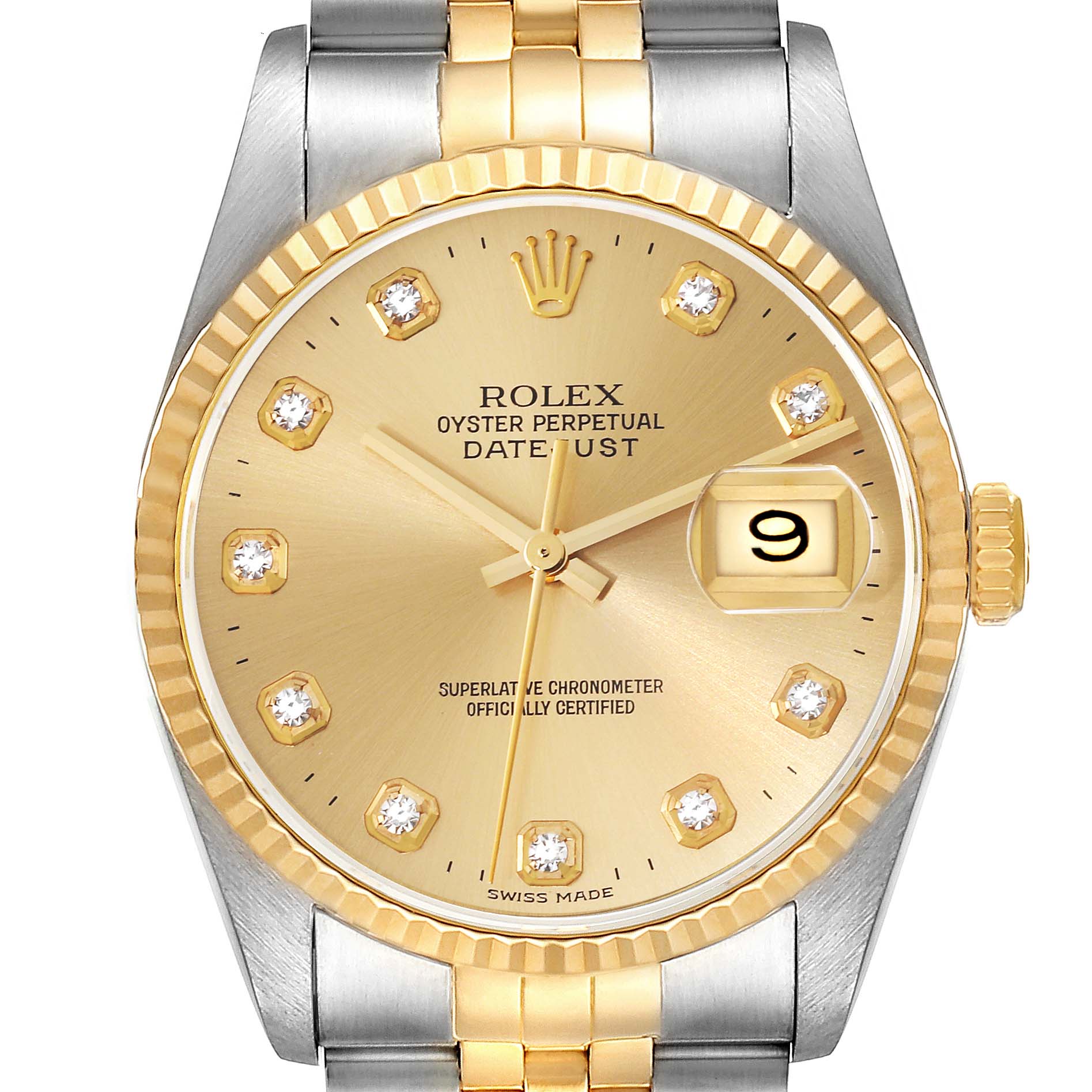 The image shows a frontal view of a Rolex Datejust 16233 Men's Steel and Gold (two tone) Champagne Dial 16233 Men's Steel and Gold (two tone) Champagne Dial watch, highlighting its gold dial, bezel, crown, and bi-metal bracelet.