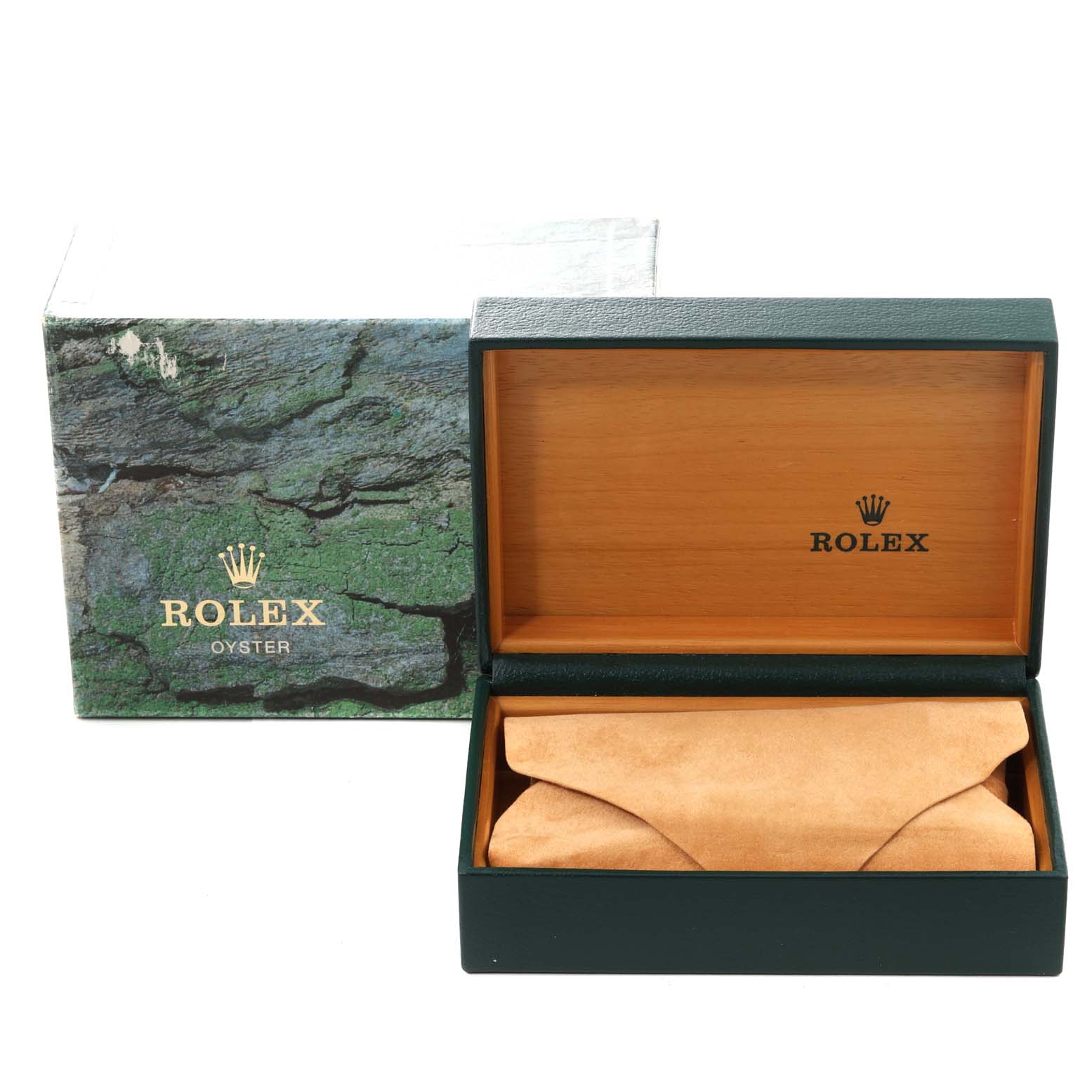 The image shows an open Rolex Datejust 16233 Men's Steel and Gold (two tone) Champagne Dial 16233 Men's Steel and Gold (two tone) Champagne Dial teak wood box and its green outer sleeve, viewed from the front.