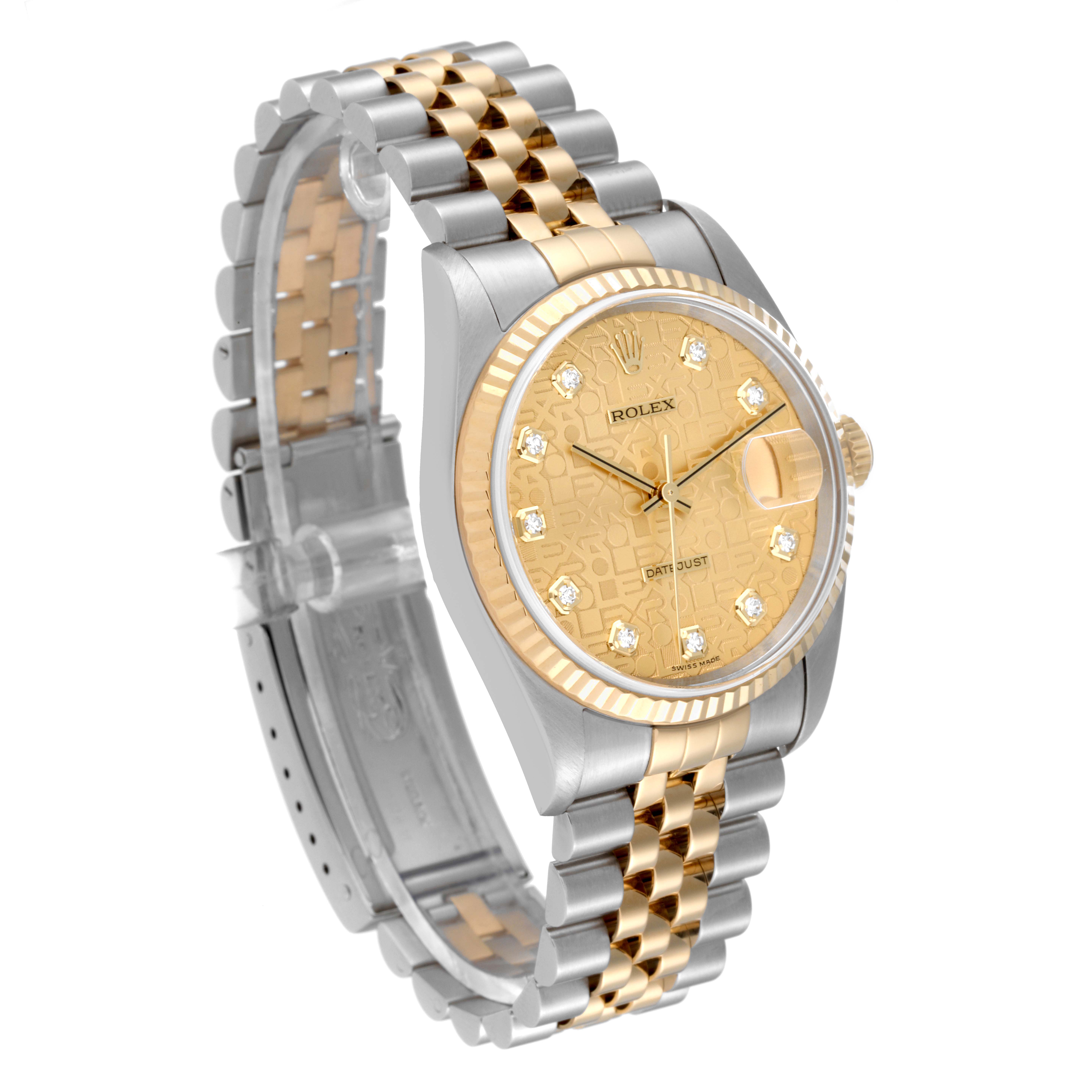 The image shows a Rolex Datejust 16233 Men's Steel and Gold (two tone) Champagne Dial 16233 Men's Steel and Gold (two tone) Champagne Dial watch at a slight left-side angle, highlighting the two-tone bracelet and gold dial.