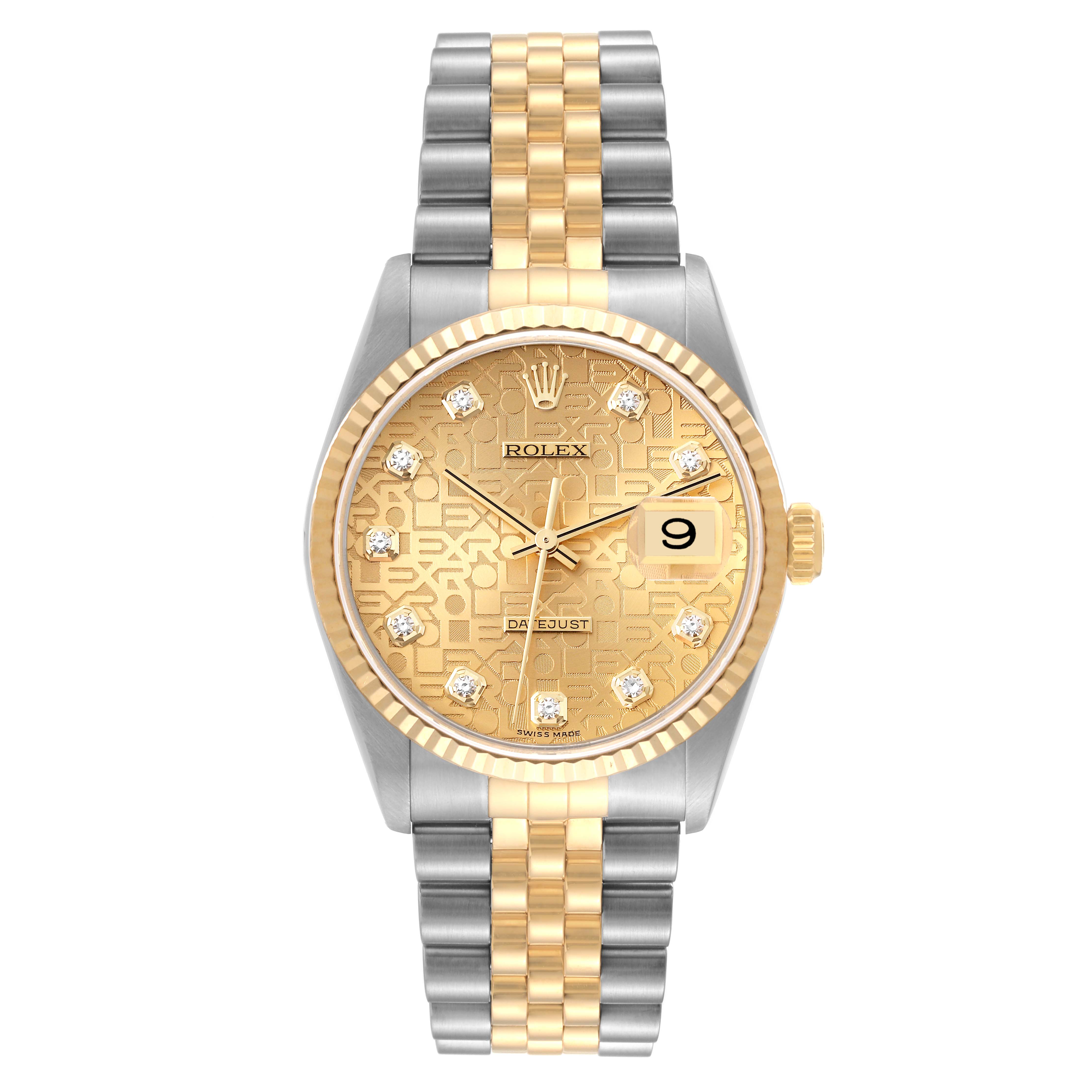 The image shows a Rolex Datejust 16233 Men's Steel and Gold (two tone) Champagne Dial 16233 Men's Steel and Gold (two tone) Champagne Dial watch from a front angle, displaying its two-tone bracelet, gold dial with diamond markers, and date function.