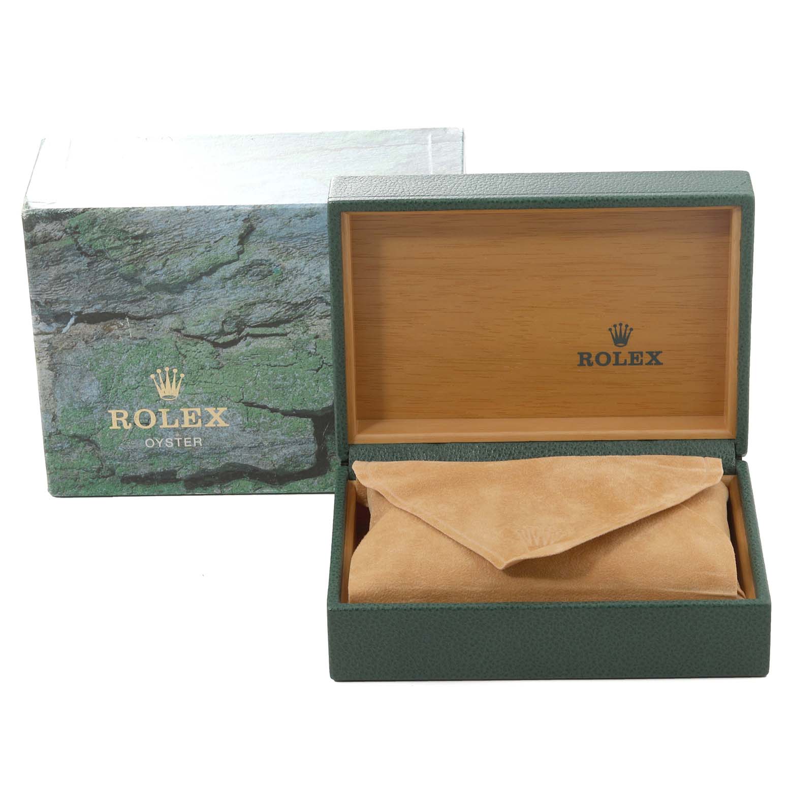 The image shows a Rolex Datejust 16233 Men's Steel and Gold (two tone) Champagne Dial 16233 Men's Steel and Gold (two tone) Champagne Dial watch's green outer box and an open wooden internal box with a tan suede cover.