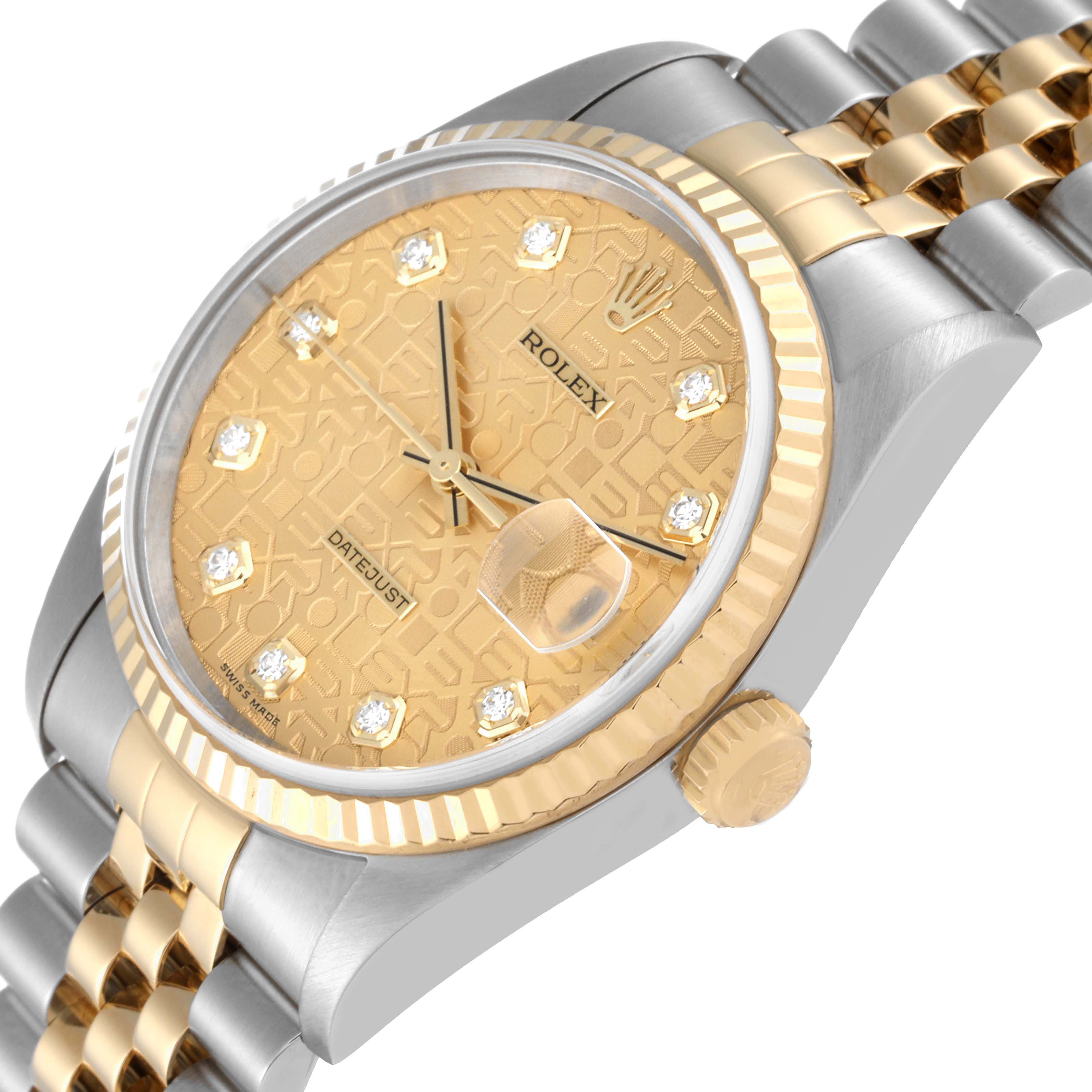 The Rolex Datejust 16233 Men's Steel and Gold (two tone) Champagne Dial 16233 Men's Steel and Gold (two tone) Champagne Dial watch is shown from an angle displaying the face, bezel, crown, and part of the bracelet.