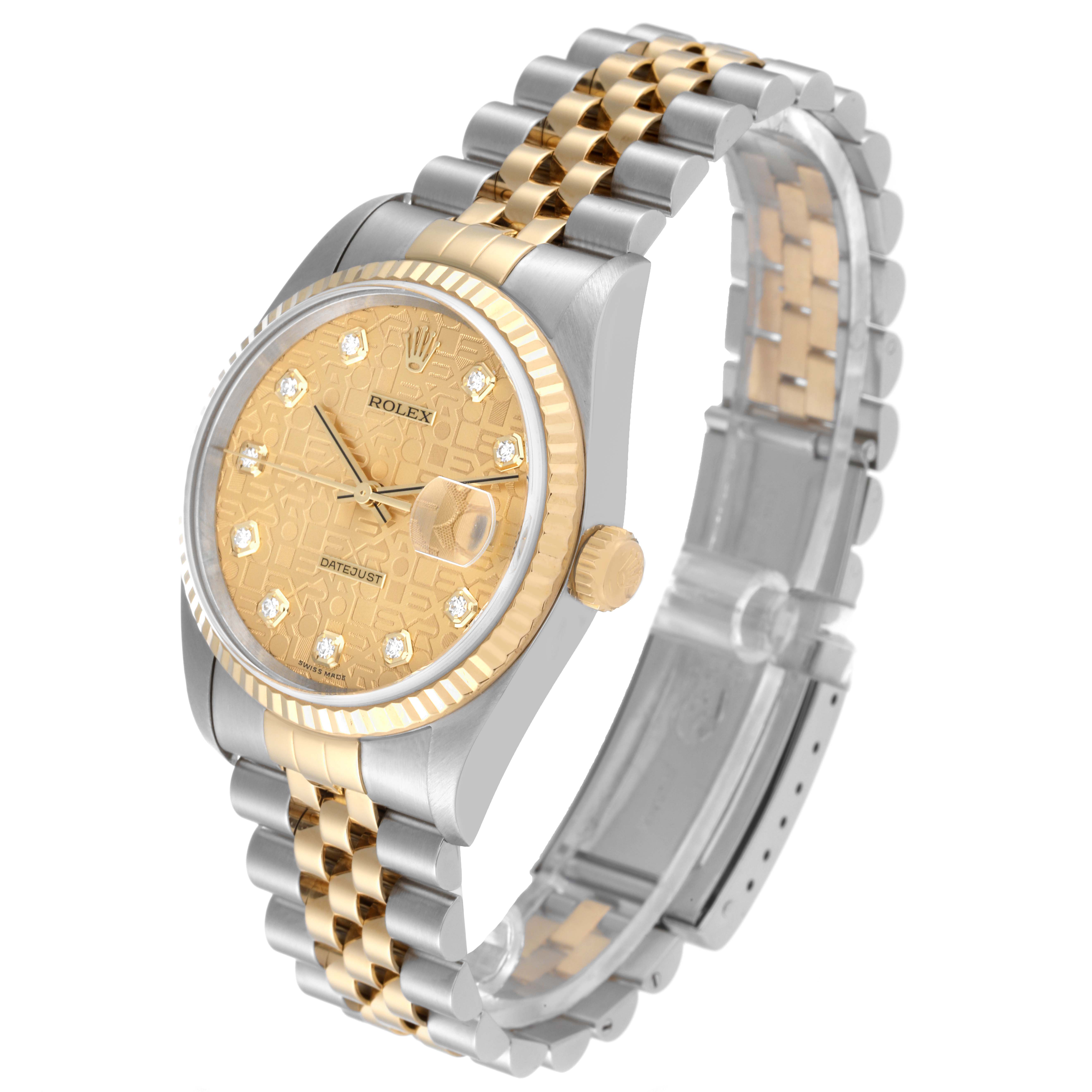 The image shows a Rolex Datejust 16233 Men's Steel and Gold (two tone) Champagne Dial 16233 Men's Steel and Gold (two tone) Champagne Dial model watch at a three-quarter angle, highlighting its face, bezel, crown, and two-tone bracelet.
