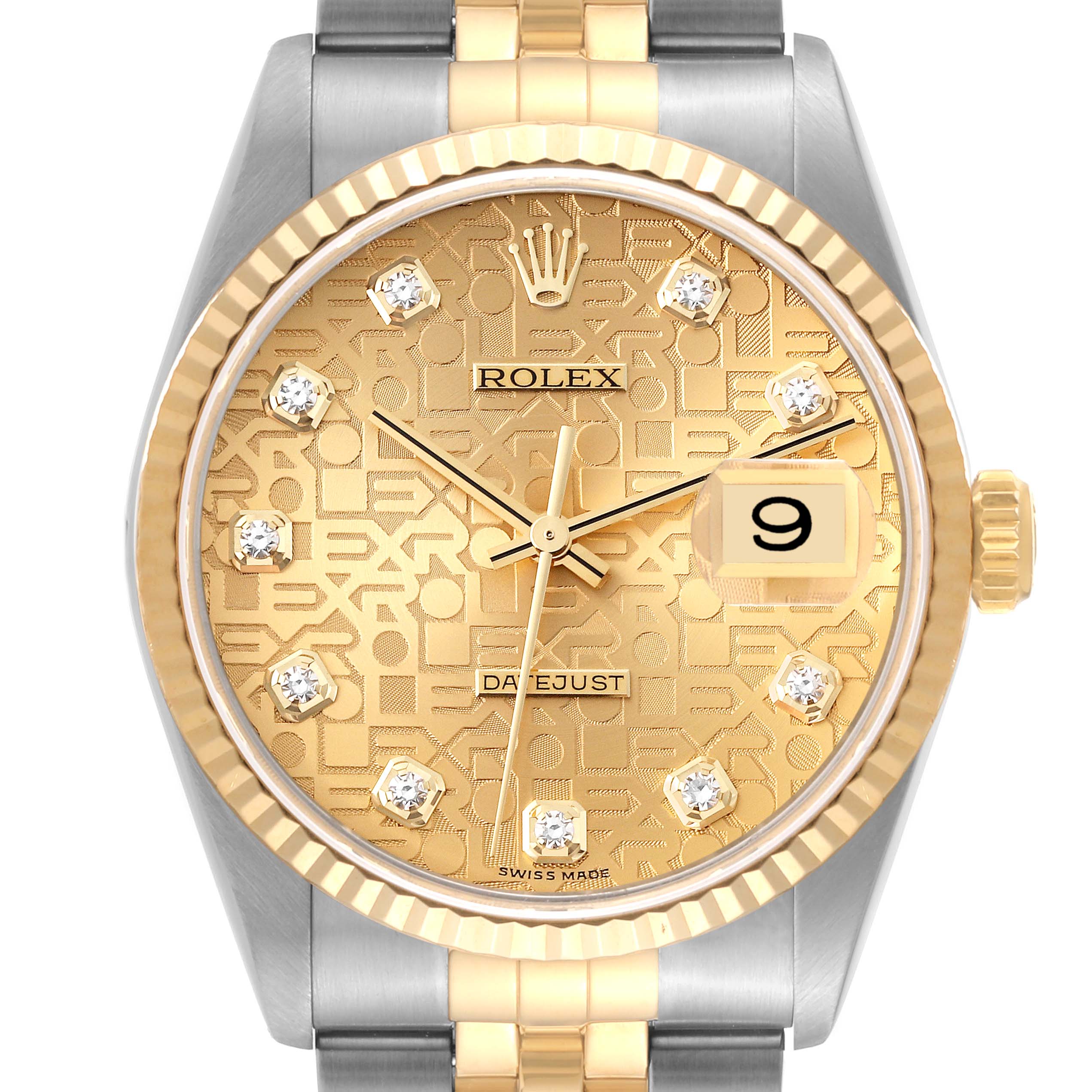 This Rolex Datejust 16233 Men's Steel and Gold (two tone) Champagne Dial 16233 Men's Steel and Gold (two tone) Champagne Dial watch is shown from a front angle, displaying its gold dial, fluted bezel, and partially the bracelet.