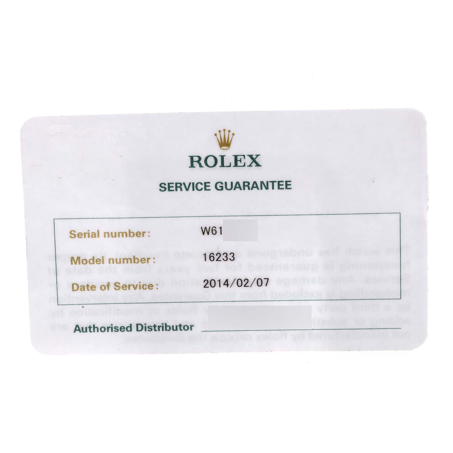 This image shows a Rolex Datejust 16233 Men's Stainless Steel Blue Dial 16233 Men's Stainless Steel Blue Dial service guarantee card, displaying the model number, serial number, and date of service.