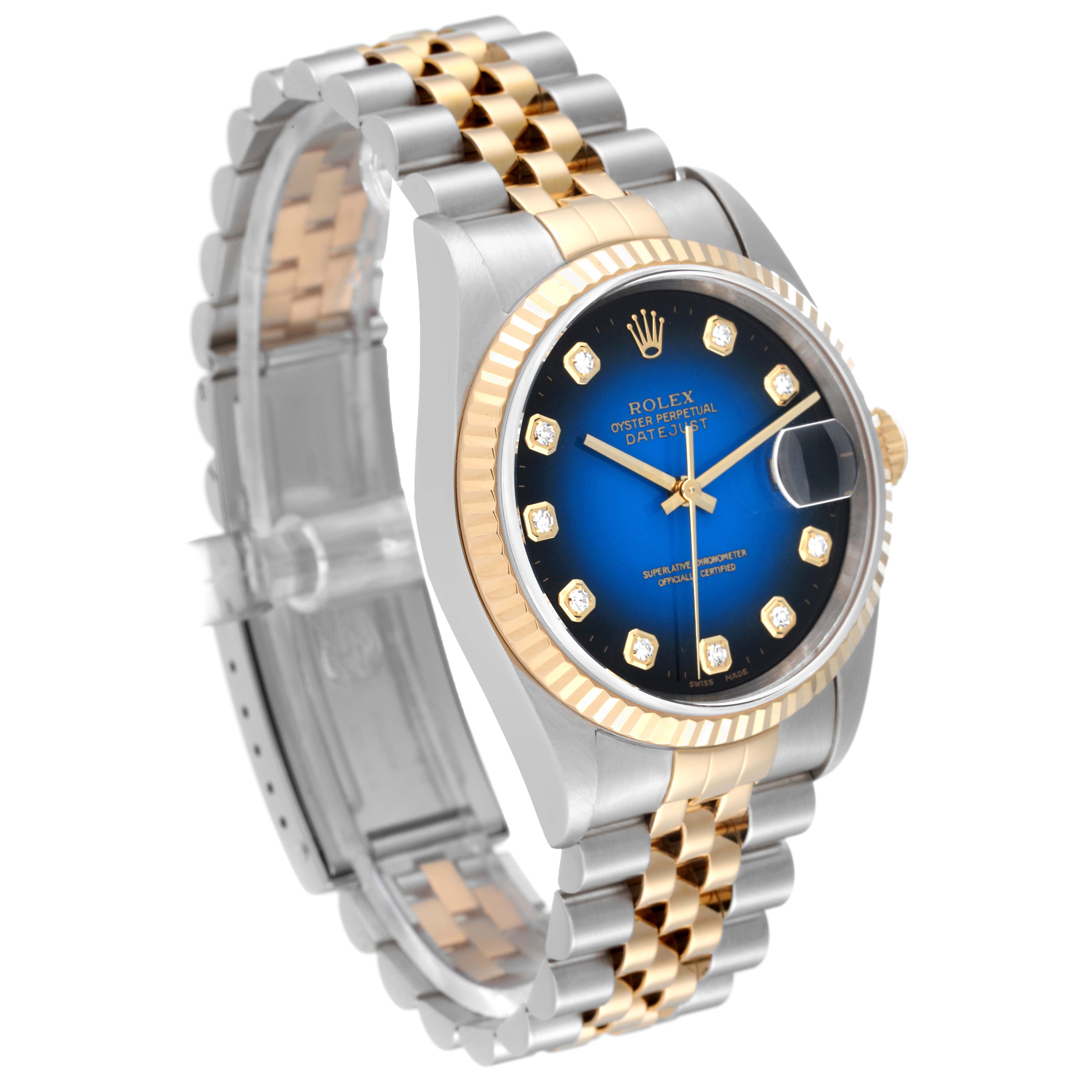 The Rolex Datejust 16233 Men's Stainless Steel Blue Dial 16233 Men's Stainless Steel Blue Dial watch is angled to show its face, bezel, crown, and jubilee bracelet.