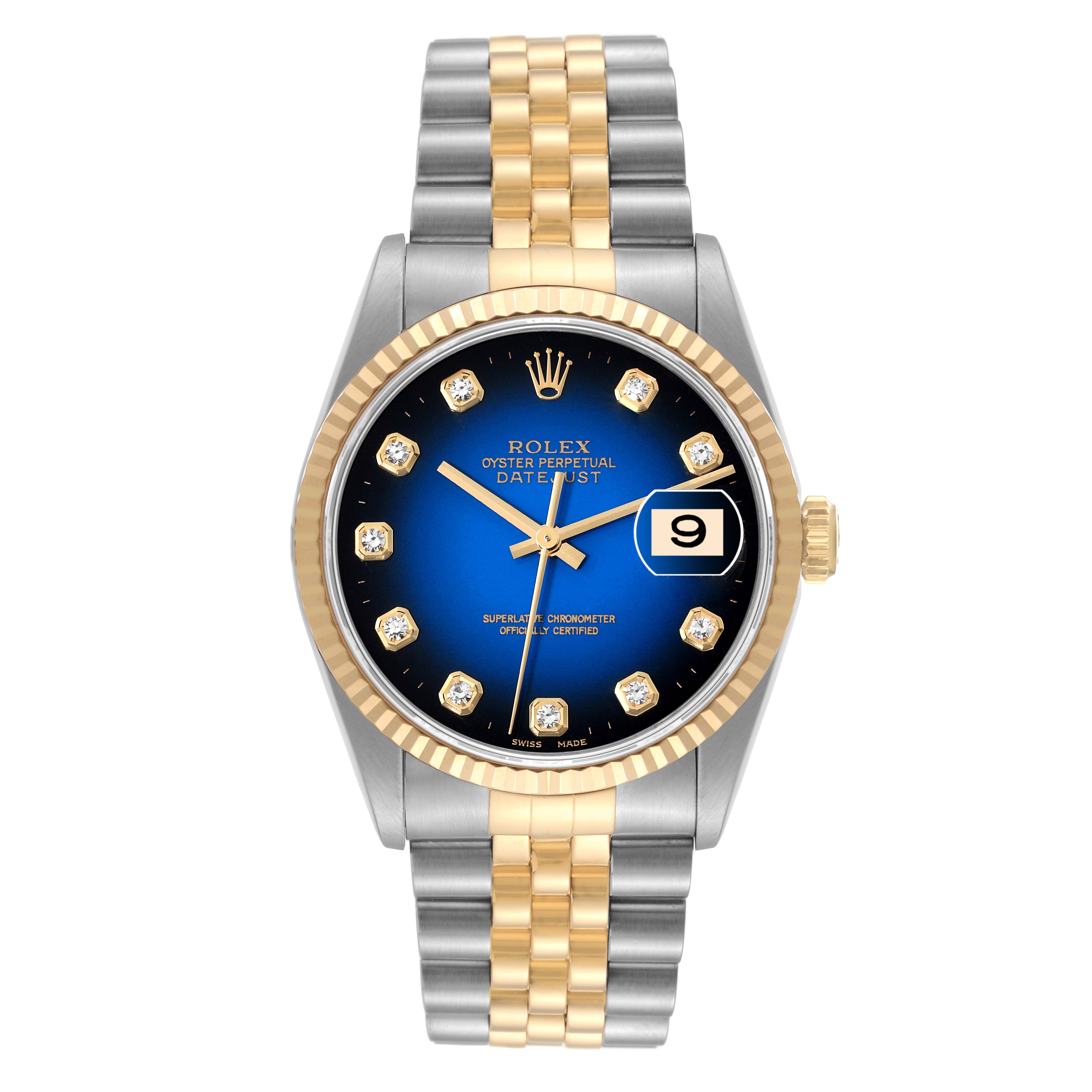 This image shows a front view of a Rolex Datejust 16233 Men's Stainless Steel Blue Dial 16233 Men's Stainless Steel Blue Dial watch, featuring a blue dial, diamond hour markers, and a two-tone bracelet.