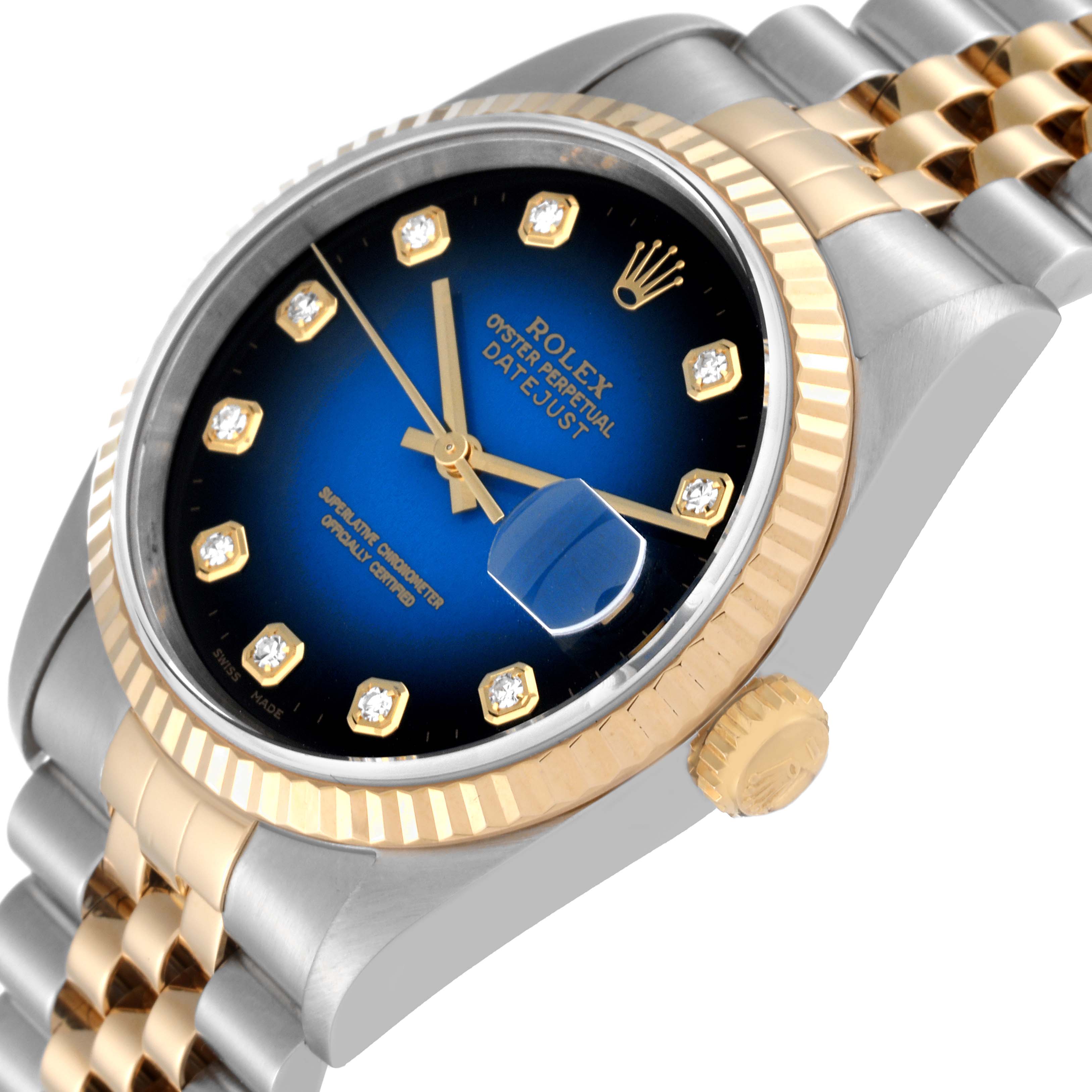 The image shows a close-up angled view of the Rolex Datejust 16233 Men's Stainless Steel Blue Dial 16233 Men's Stainless Steel Blue Dial watch, highlighting its dial, bezel, bracelet, and crown.