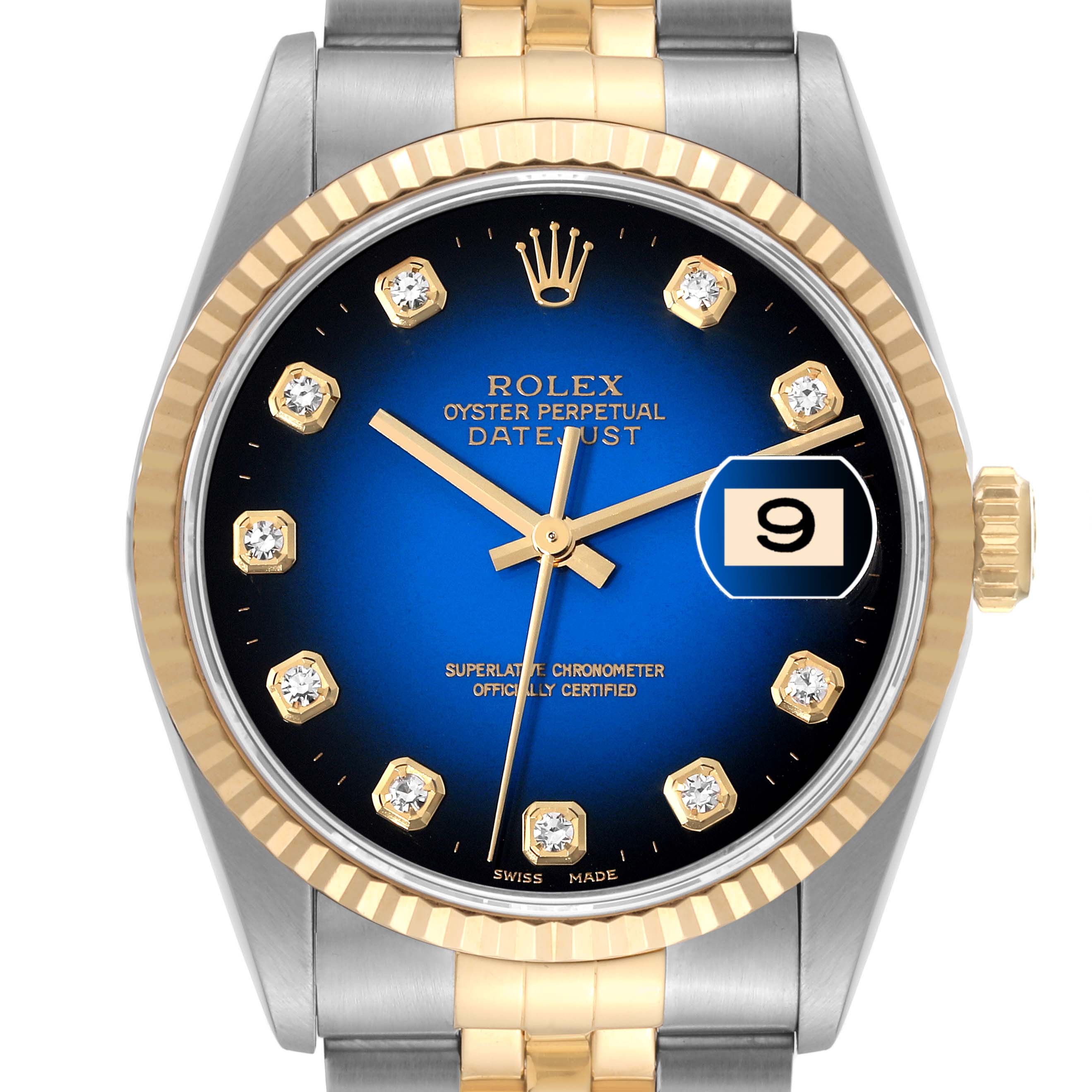 The image shows a front view of a Rolex Datejust 16233 Men's Stainless Steel Blue Dial 16233 Men's Stainless Steel Blue Dial watch, highlighting its blue dial, gold markers, and two-tone band.