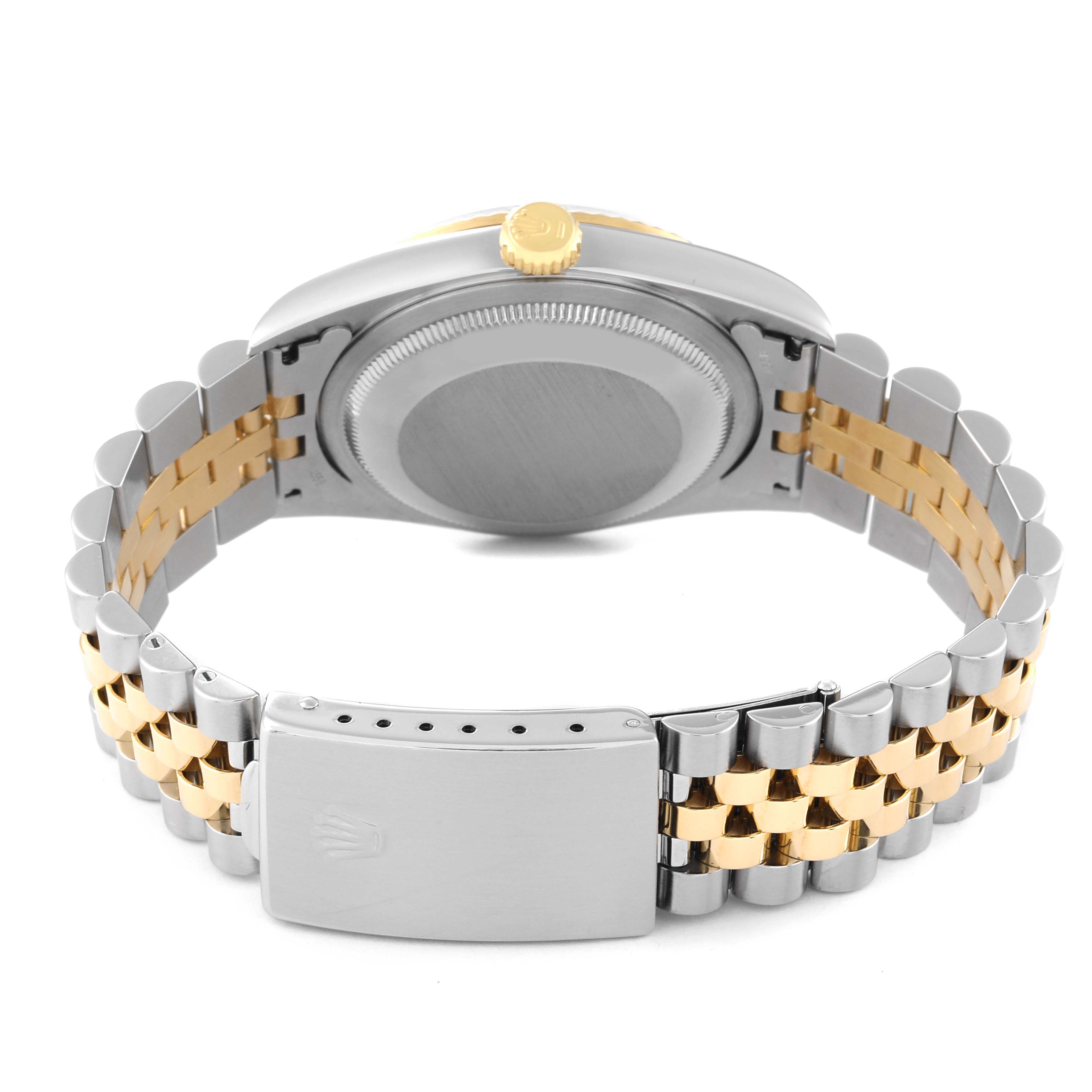 This image shows the case back, crown, and jubilee bracelet (two-tone) of a Rolex Datejust 16233 Men's Stainless Steel Blue Dial 16233 Men's Stainless Steel Blue Dial watch from the rear angle.