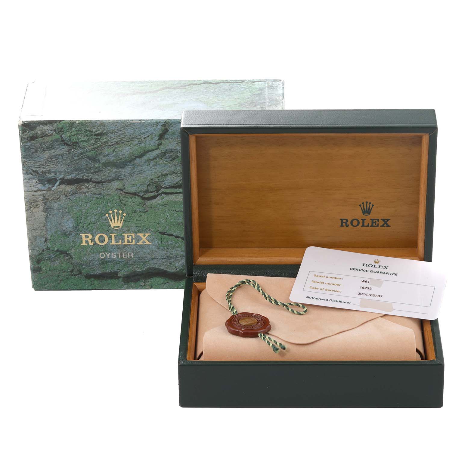 The image shows a Rolex Datejust 16233 Men's Stainless Steel Blue Dial 16233 Men's Stainless Steel Blue Dial watch box, with the inner wooden case, outer box, guarantee card, and tag displayed.