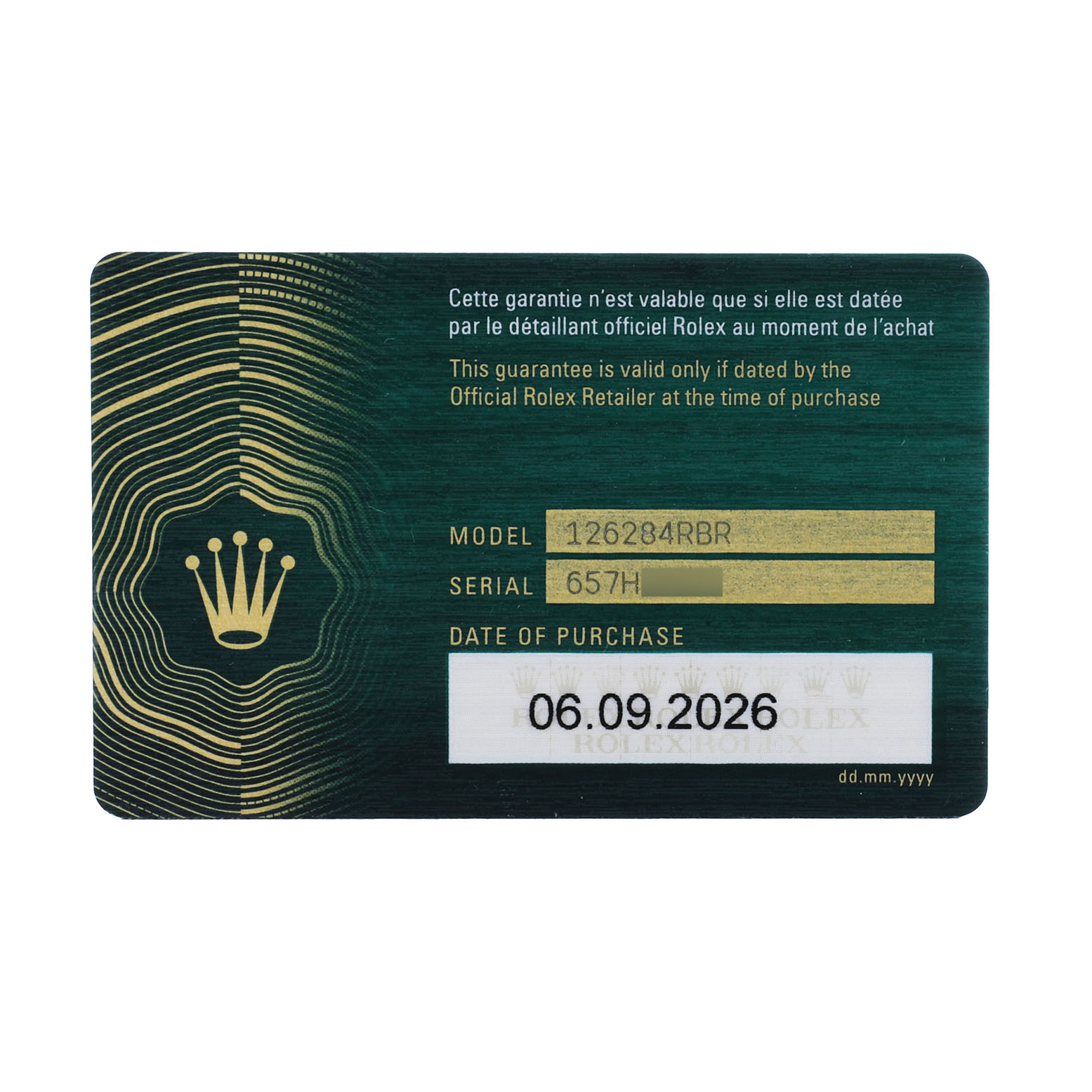 The image shows a warranty card for a Rolex Datejust 126284RBR Men's Stainless Steel Green Dial model, displaying model number, serial number, and purchase date.