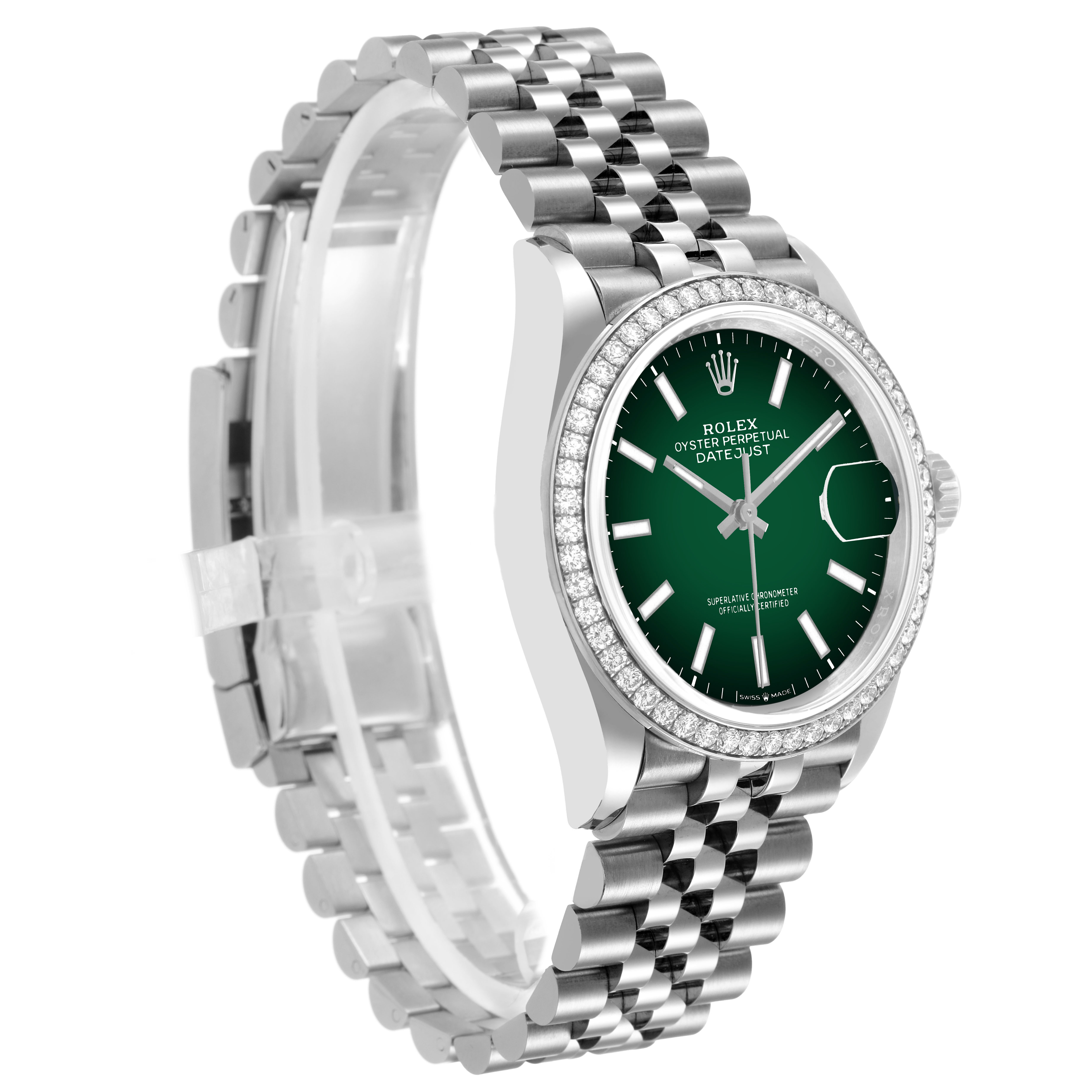 The Rolex Datejust 126284RBR Men's Stainless Steel Green Dial watch is shown at a three-quarter angle, highlighting the green dial, diamond bezel, Jubilee bracelet, and crown.
