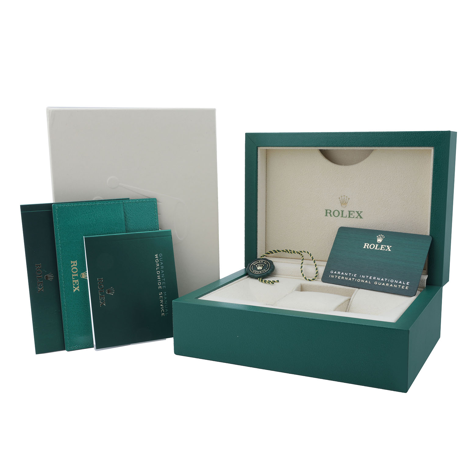 The image shows a Rolex Datejust 126284RBR Men's Stainless Steel Green Dial watch box, warranty cards, and booklet accessories from a front angle.