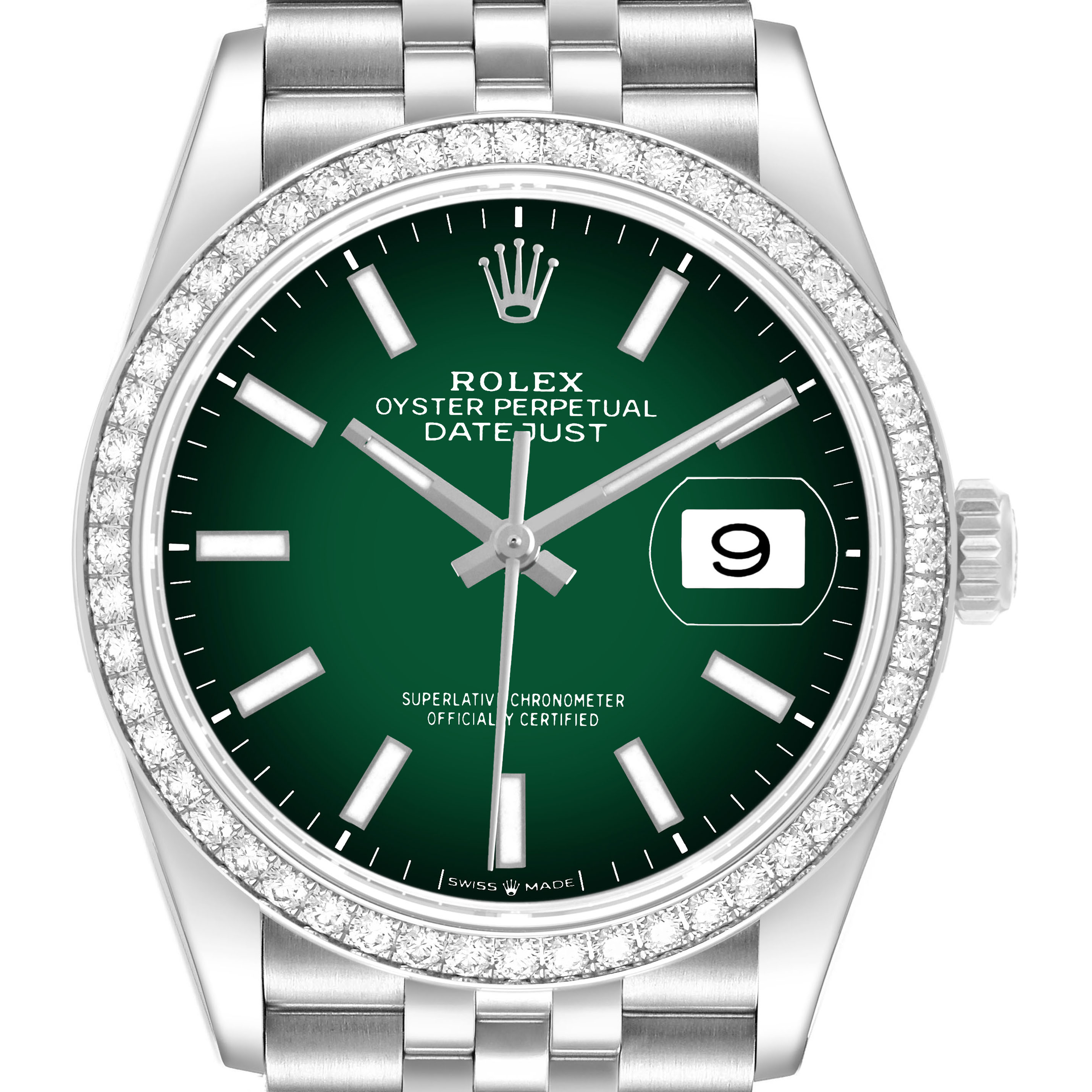 The Rolex Datejust 126284RBR Men's Stainless Steel Green Dial watch is shown from a front angle, highlighting the green dial, diamond bezel, and silver bracelet.