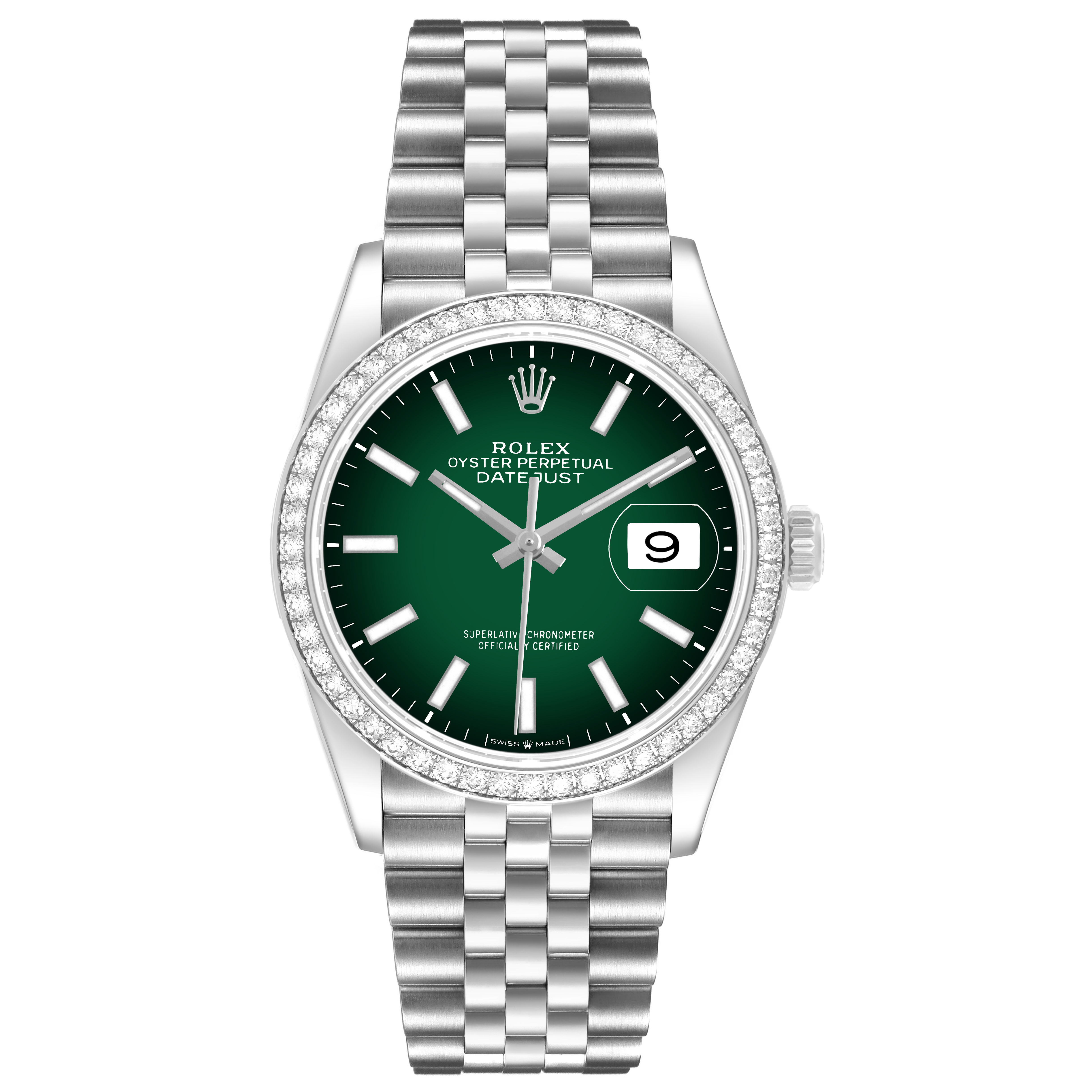 The Rolex Datejust 126284RBR Men's Stainless Steel Green Dial watch is shown from the front, featuring its green dial, silver bracelet, and diamond-set bezel.
