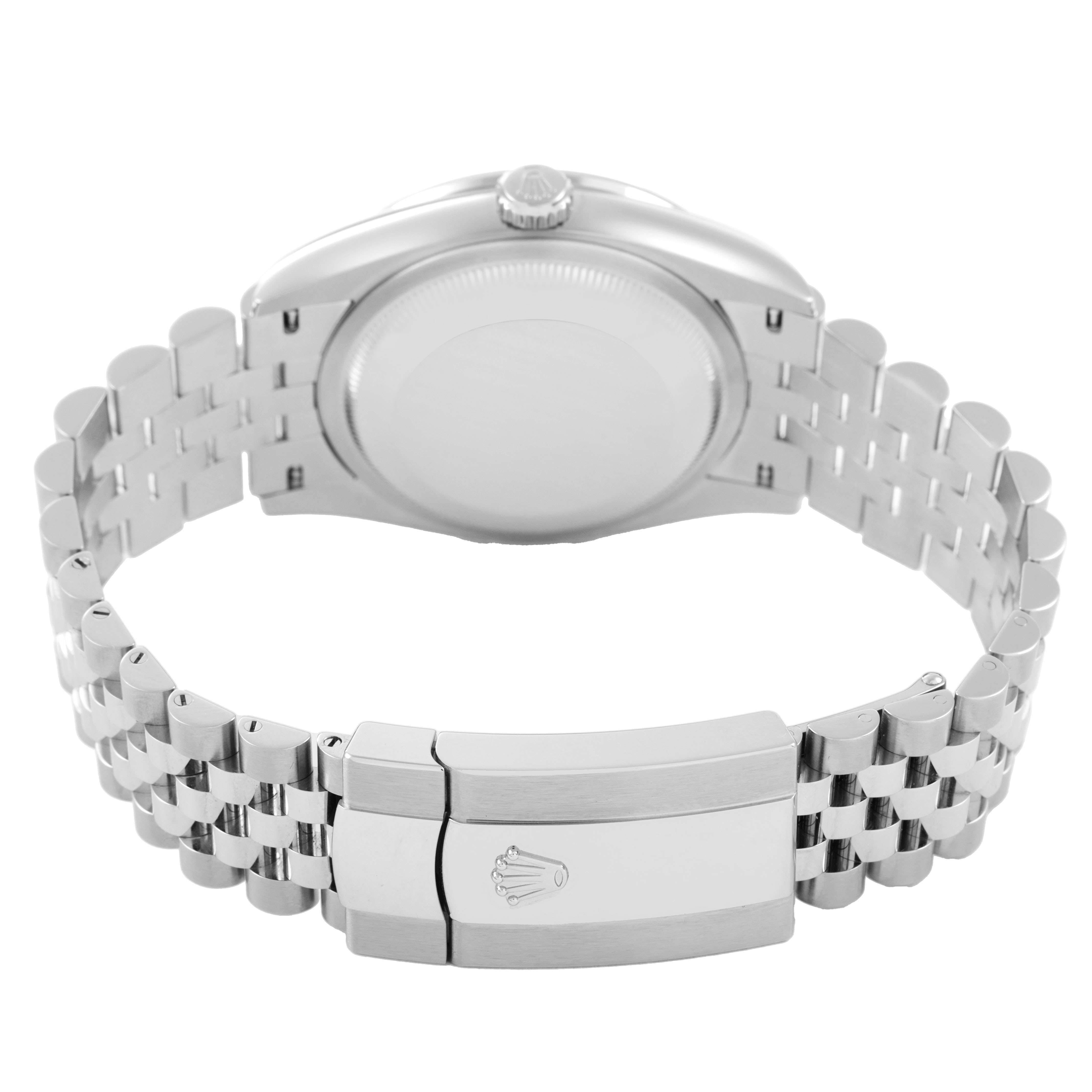 The image shows the back and clasp of a Rolex Datejust 126284RBR Men's Stainless Steel Green Dial watch, highlighting the bracelet and case back.