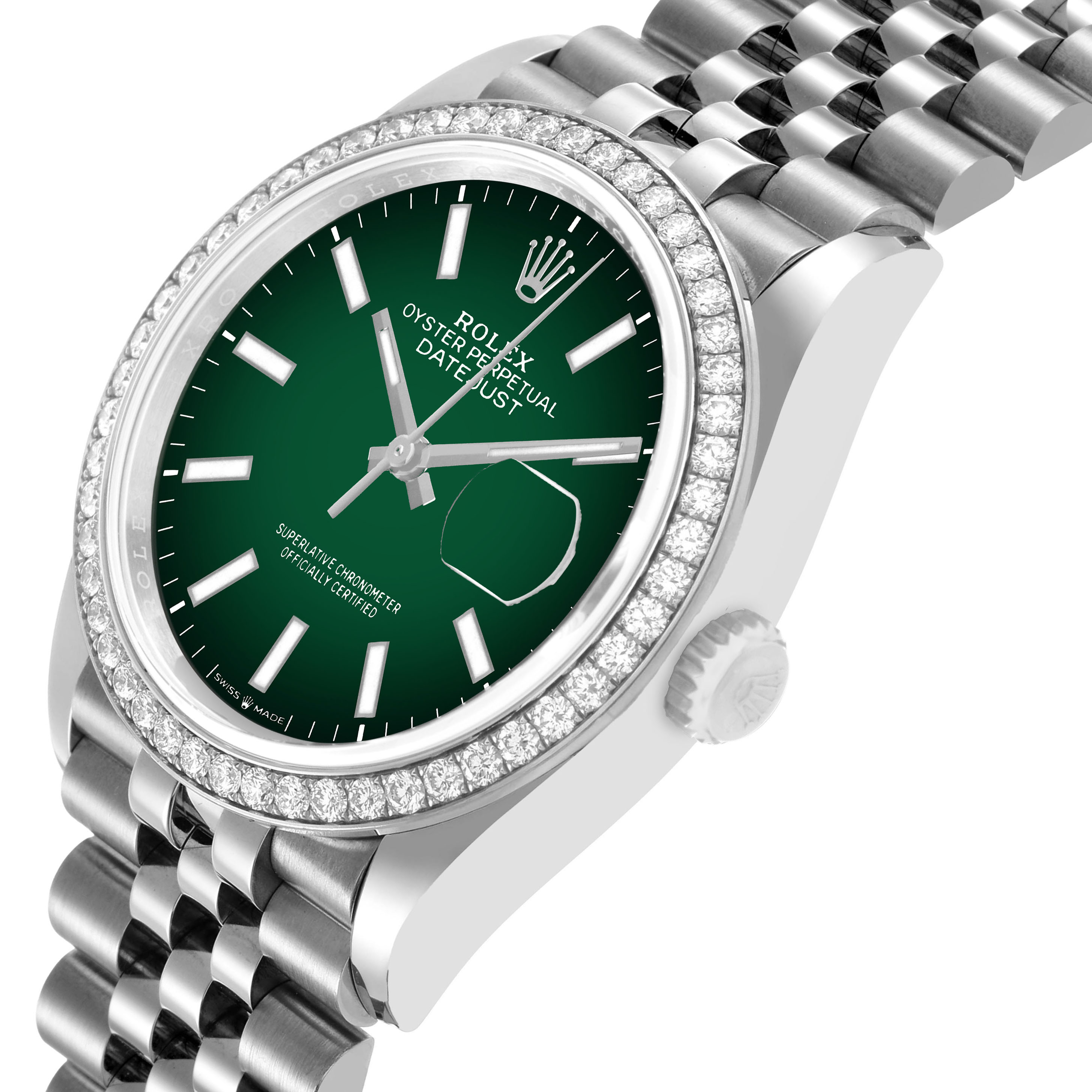 The Rolex Datejust 126284RBR Men's Stainless Steel Green Dial watch is shown at an angled view, highlighting the green dial, diamond bezel, and Jubilee bracelet.