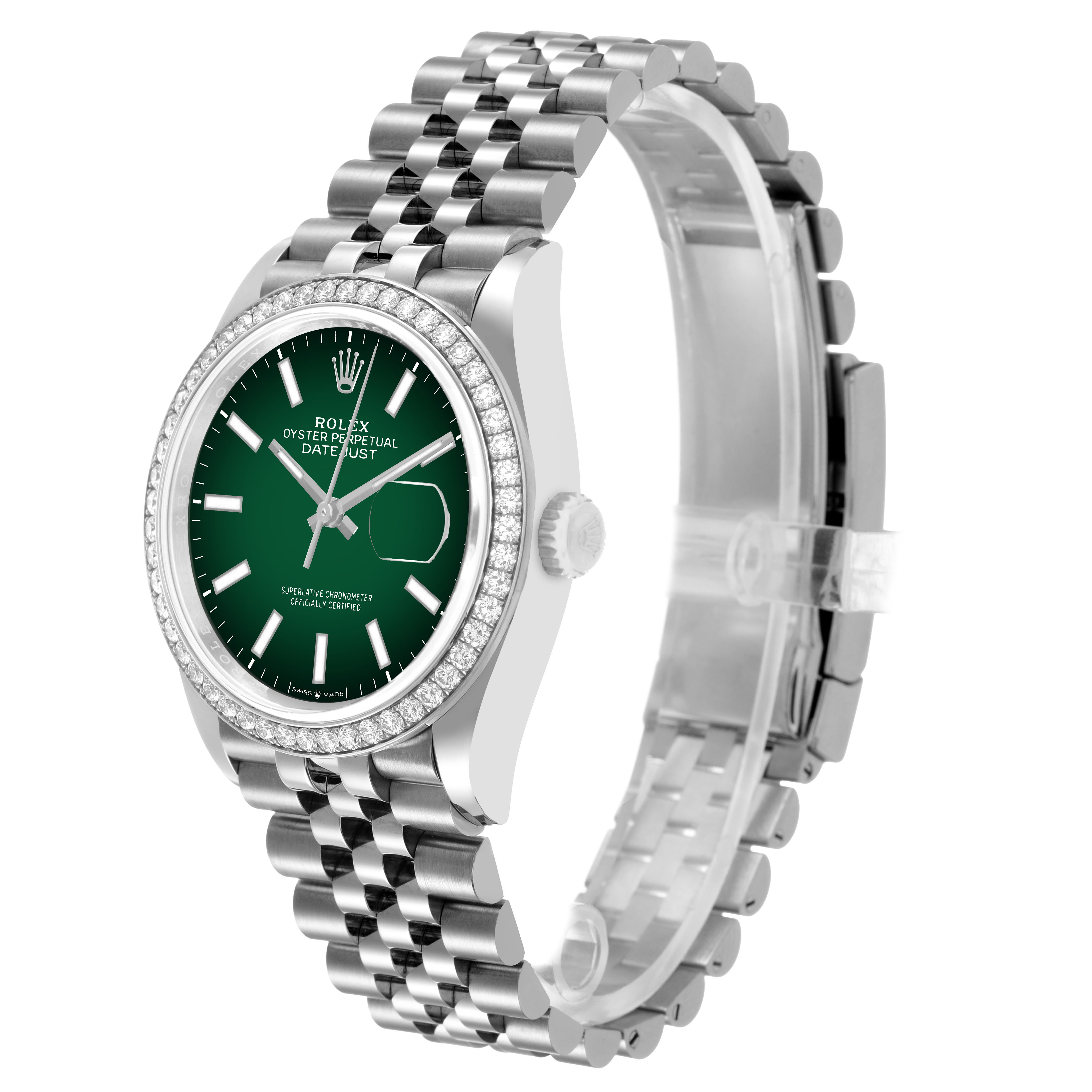 The Rolex Datejust 126284RBR Men's Stainless Steel Green Dial is shown at a three-quarter angle, highlighting the face, bezel, and bracelet.