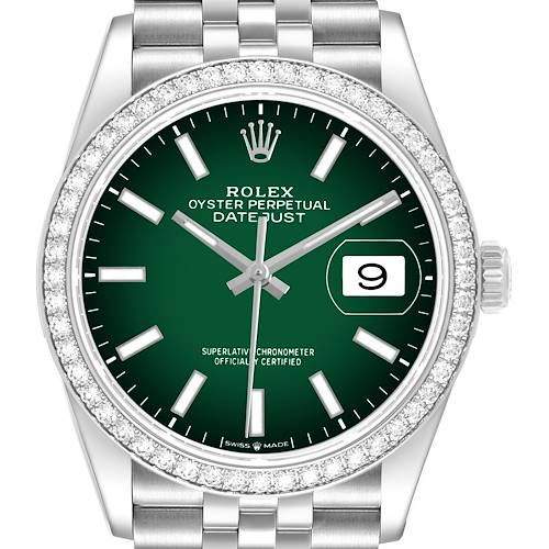The Rolex Datejust 126284RBR Men's Stainless Steel Green Dial watch is shown from a front angle, displaying the dial, bezel, and bracelet.