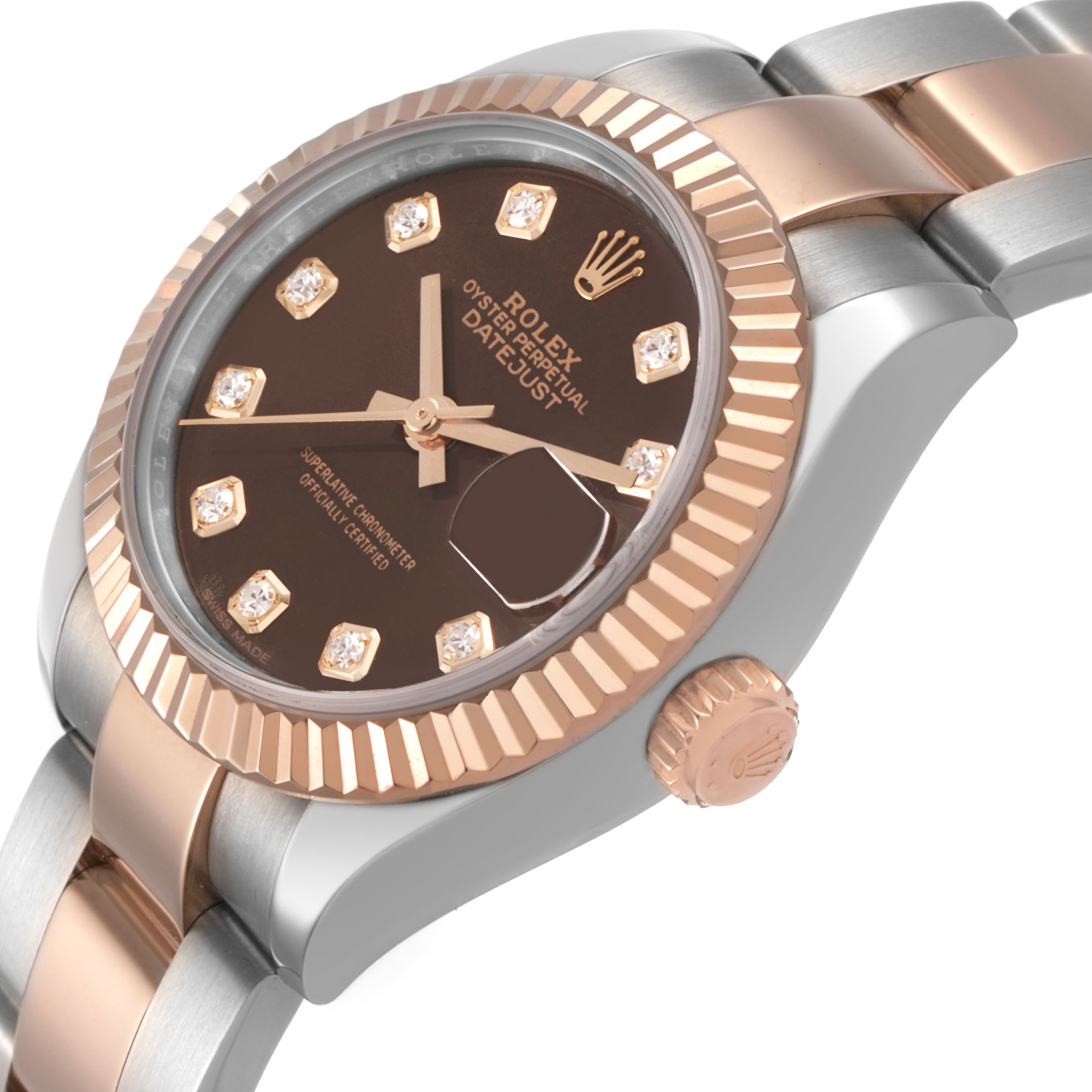 The Rolex Datejust 279171 Women's Steel and Gold (two tone) Brown Dial watch is shown at an angle highlighting the face, bezel, crown, and part of the bracelet.