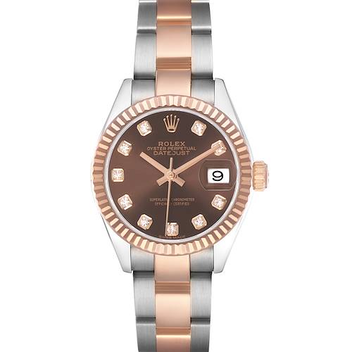 The Rolex Datejust 279171 Women's Steel and Gold (two tone) Brown Dial watch is shown from a top-down angle, displaying its dial, bezel, bracelet, and crown.