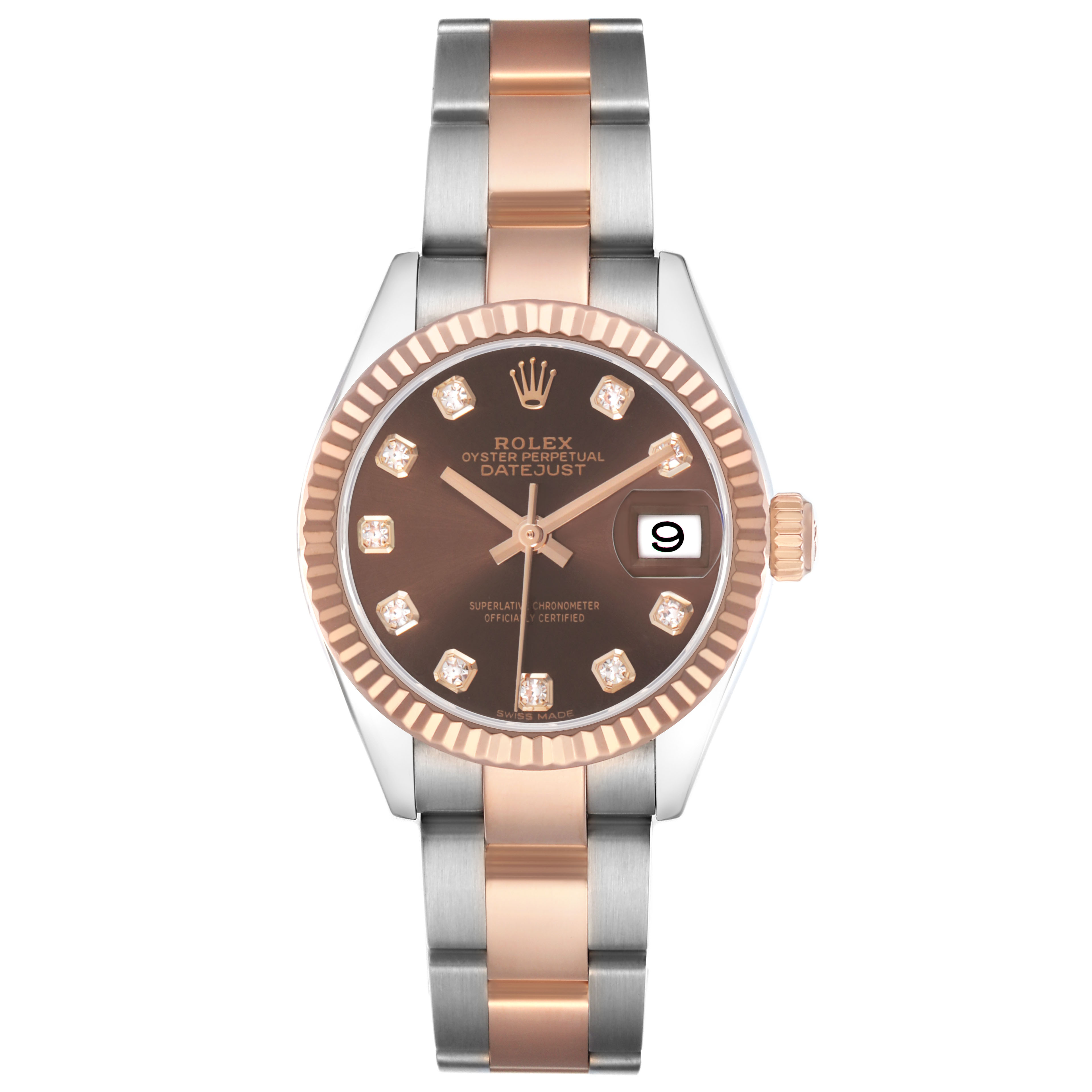 The Rolex Datejust 279171 Women's Steel and Gold (two tone) Brown Dial watch is shown from a top-down angle, displaying the dial, bezel, date window, and bracelet.