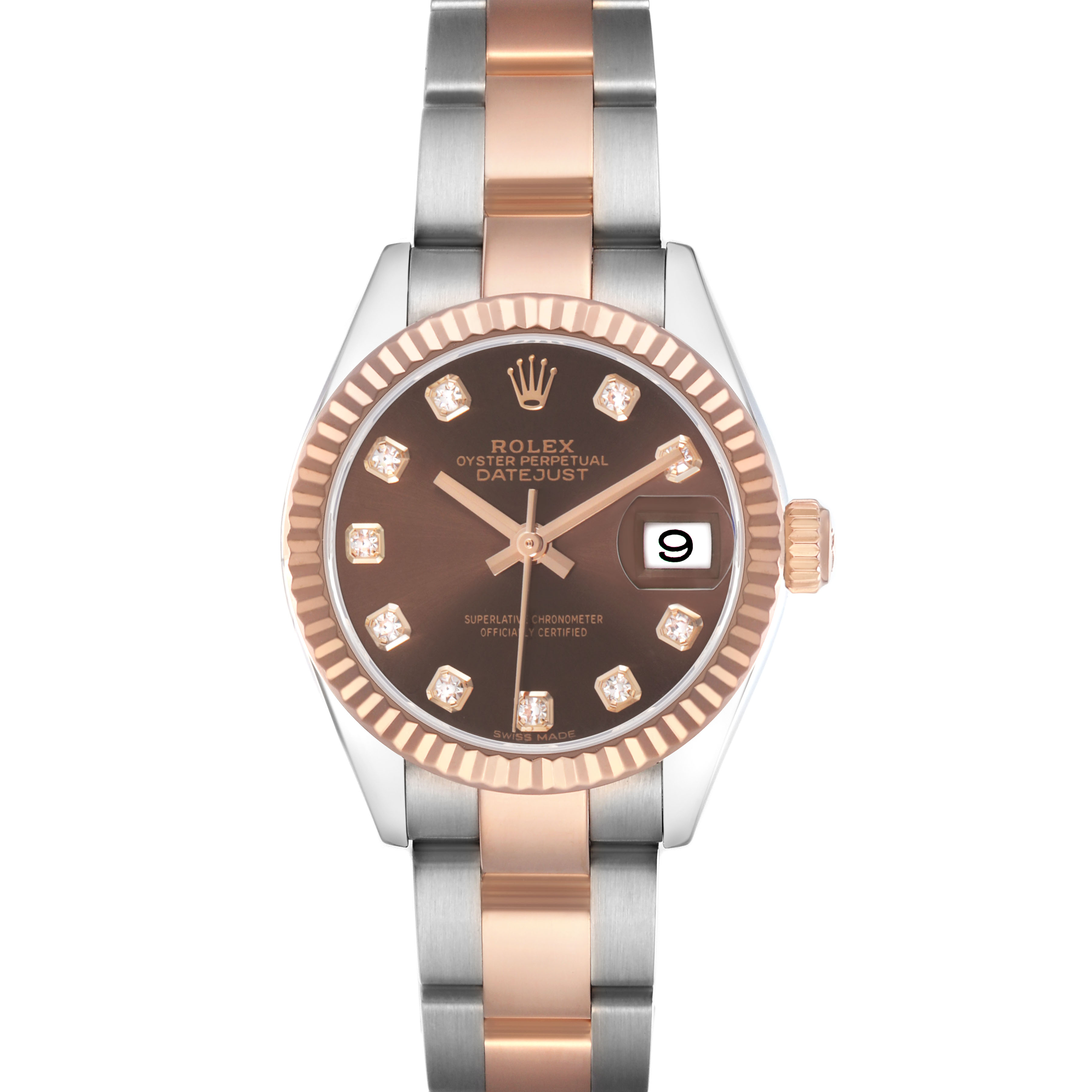 The Rolex Datejust 279171 Women's Steel and Gold (two tone) Brown Dial watch is shown from a front angle, displaying the face, bezel, and two-tone bracelet clearly.