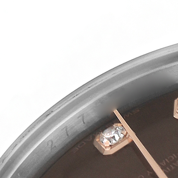The image shows a close-up of a Rolex Datejust 279171 Women's Steel and Gold (two tone) Brown Dial watch face, focusing on the bezel, dial, and diamond hour marker.