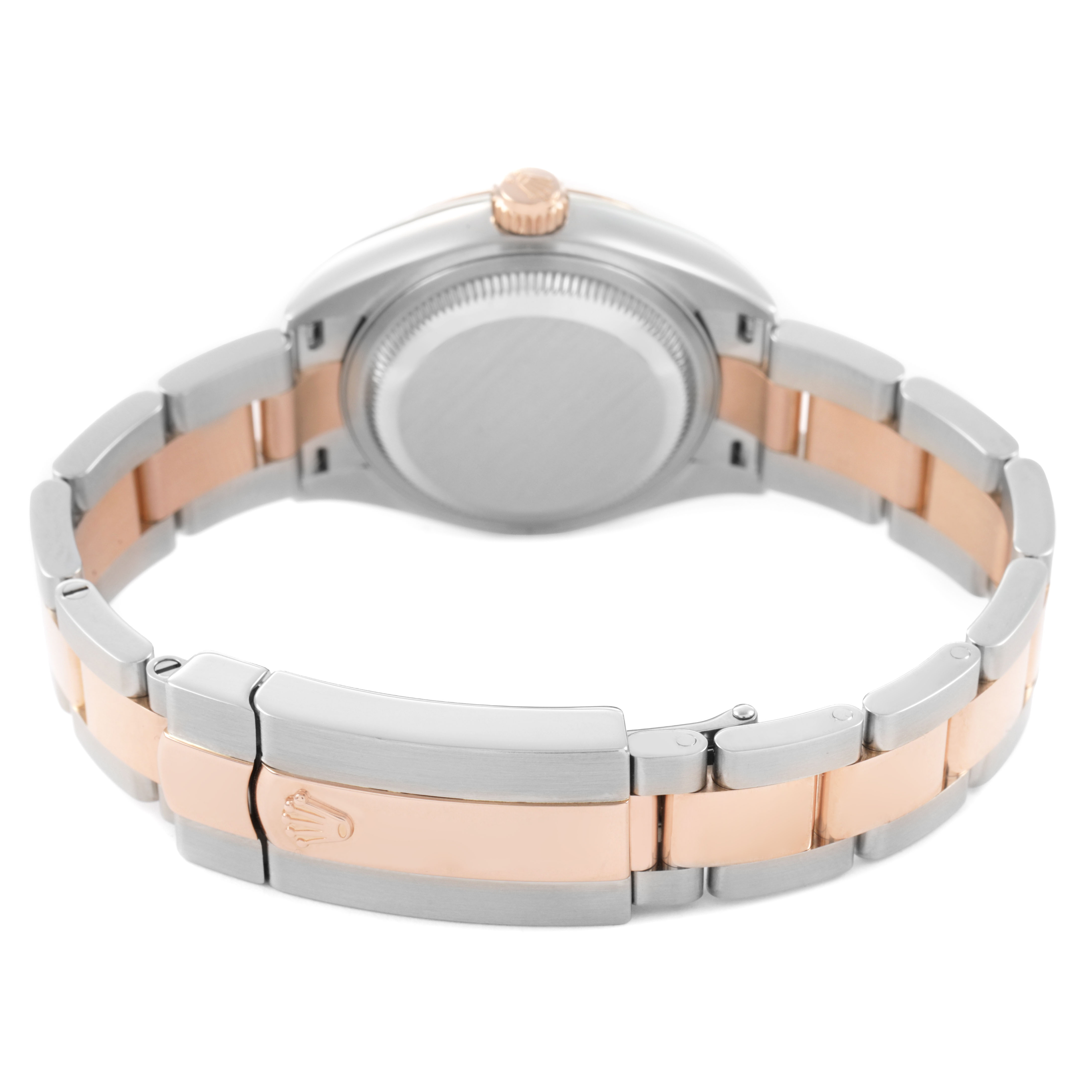 The image shows the back of the Rolex Datejust 279171 Women's Steel and Gold (two tone) Brown Dial, highlighting the case back and the two-tone bracelet with deployment clasp.