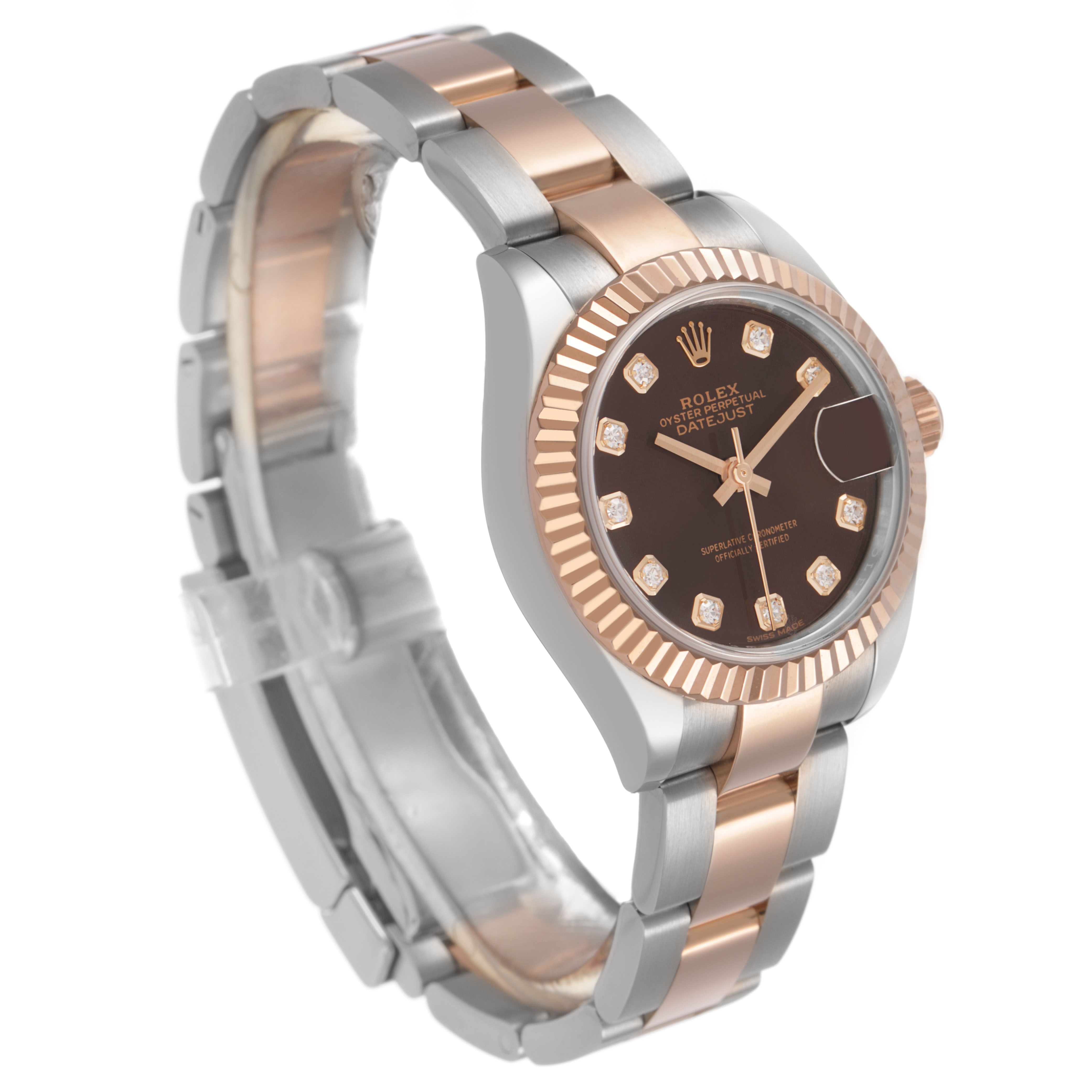 The Rolex Datejust 279171 Women's Steel and Gold (two tone) Brown Dial watch is shown at a three-quarter angle, highlighting the bezel, dial, and two-tone bracelet.