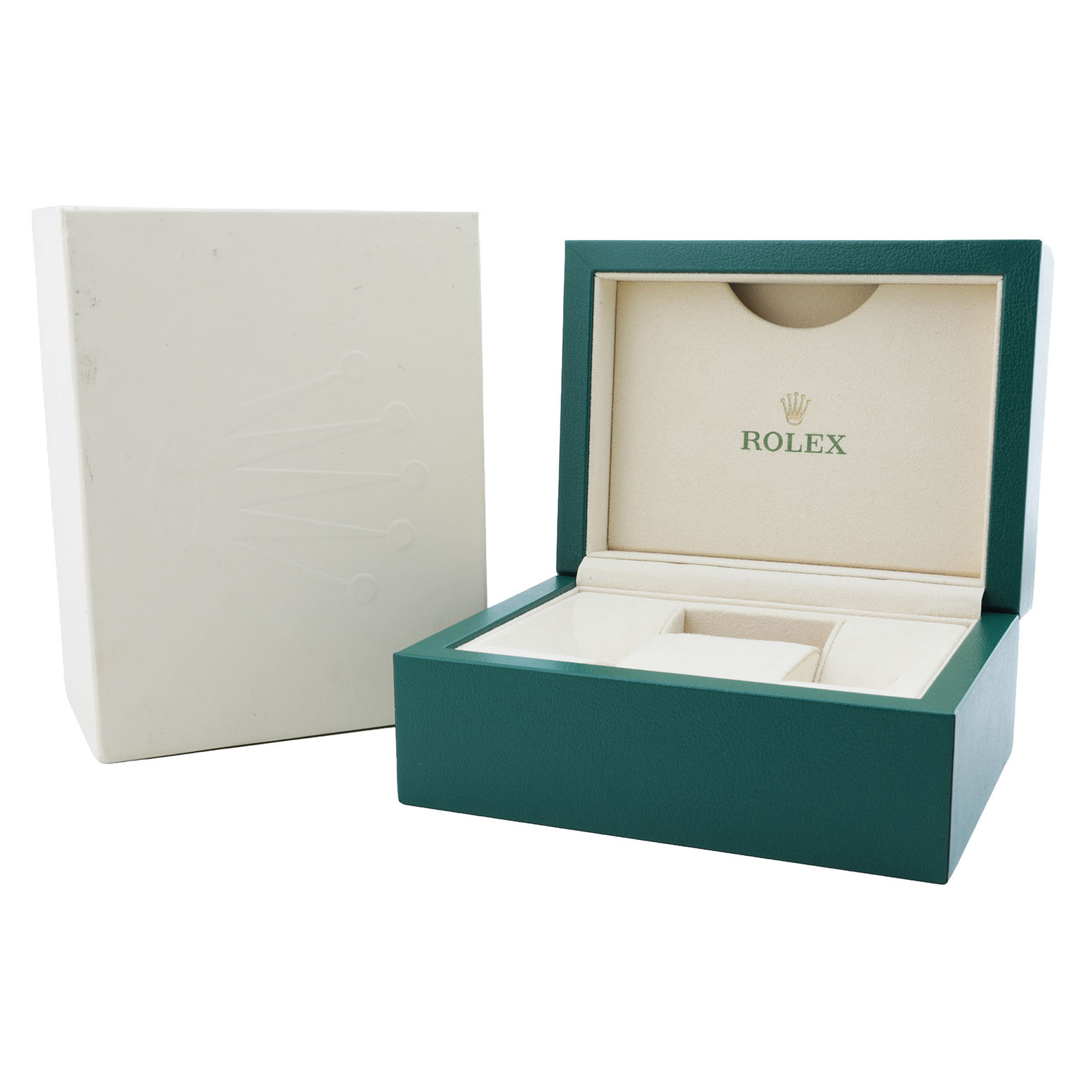 The image shows a Rolex Datejust 279171 Women's Steel and Gold (two tone) Brown Dial watch box and outer packaging, open to reveal the interior compartments.