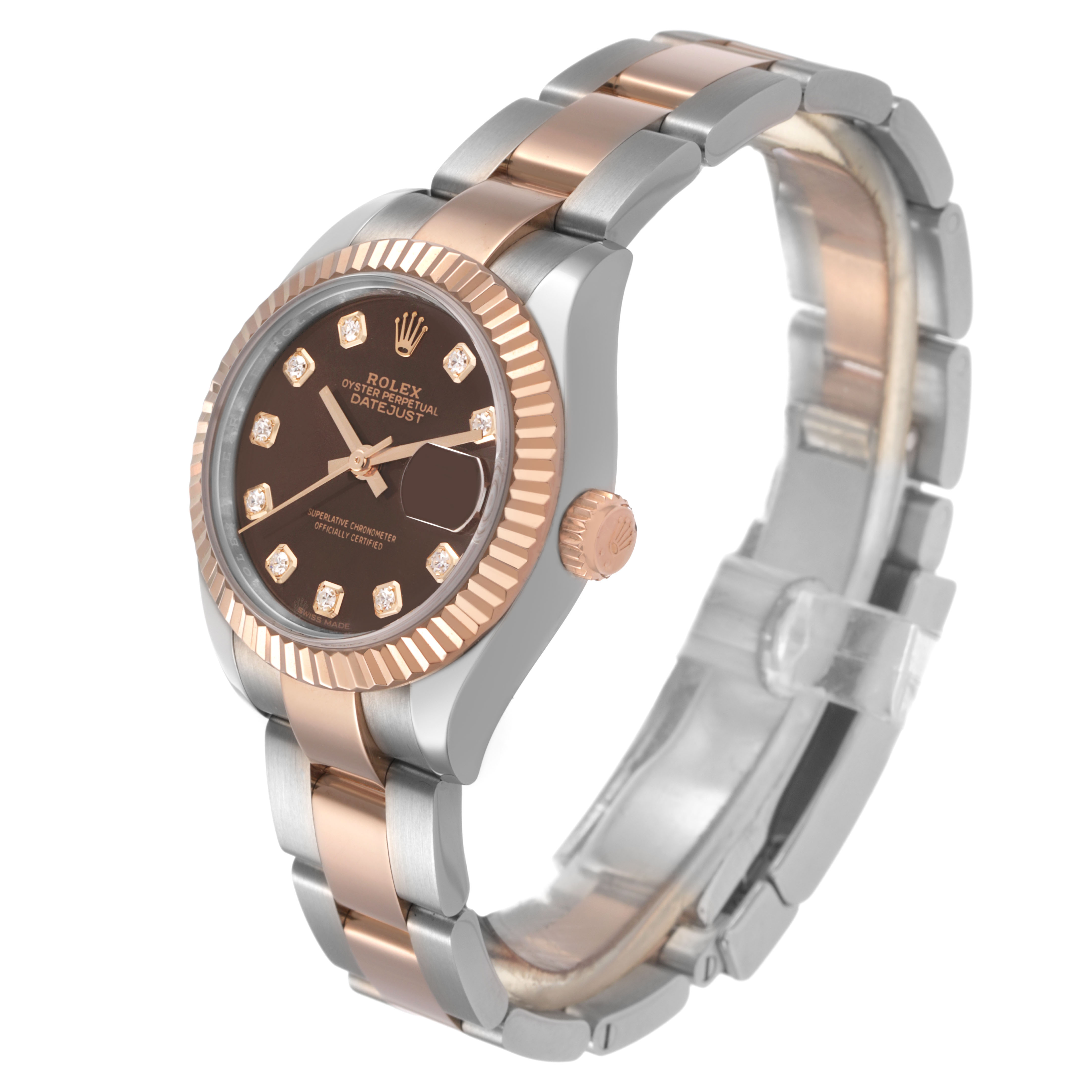 The Rolex Datejust 279171 Women's Steel and Gold (two tone) Brown Dial watch is shown at a three-quarter angle, displaying its dial, bezel, crown, and bracelet.