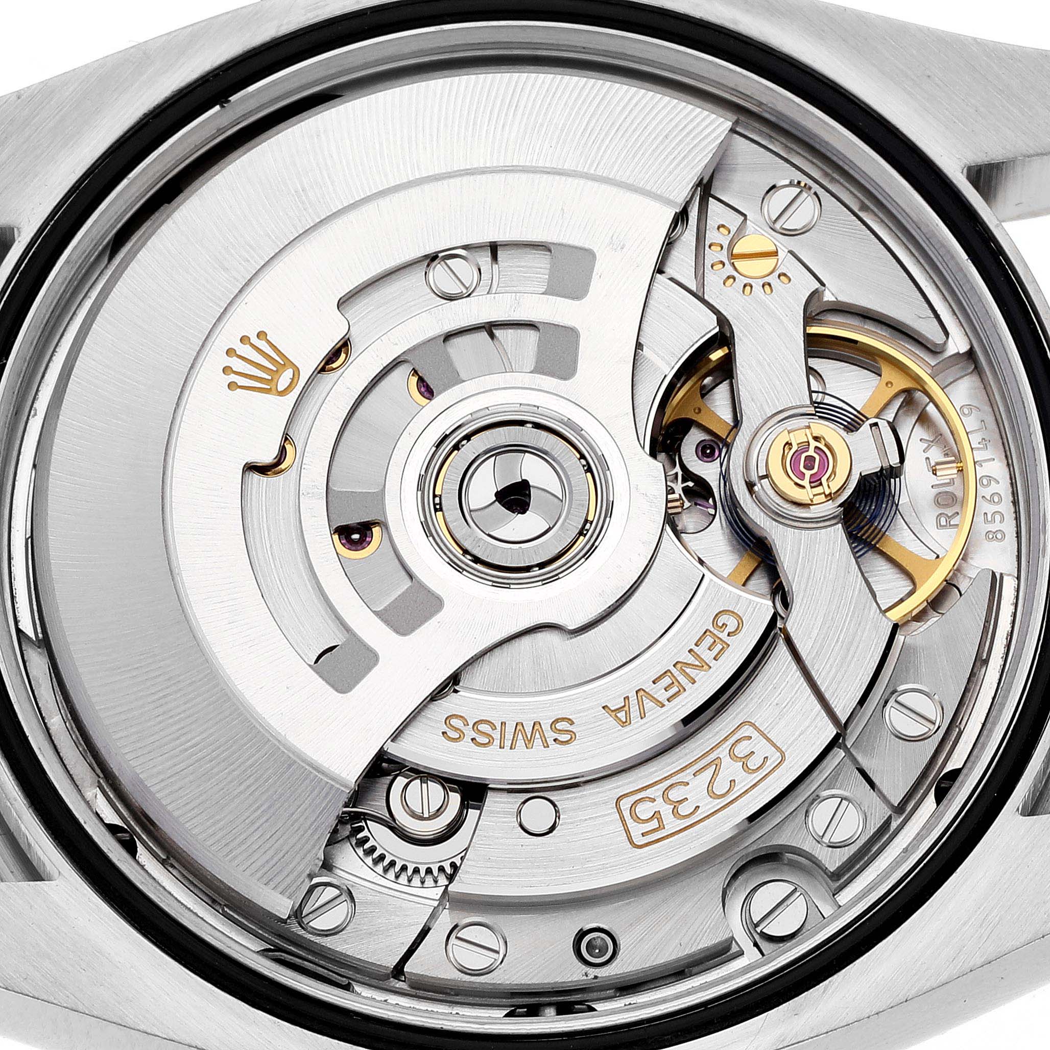 This image shows the movement and internal mechanism of a Rolex Datejust 126234 Men
s Stainless Steel Blue Dial 126234 Men
s Stainless Steel Blue Dial watch from a close-up, top-down angle.