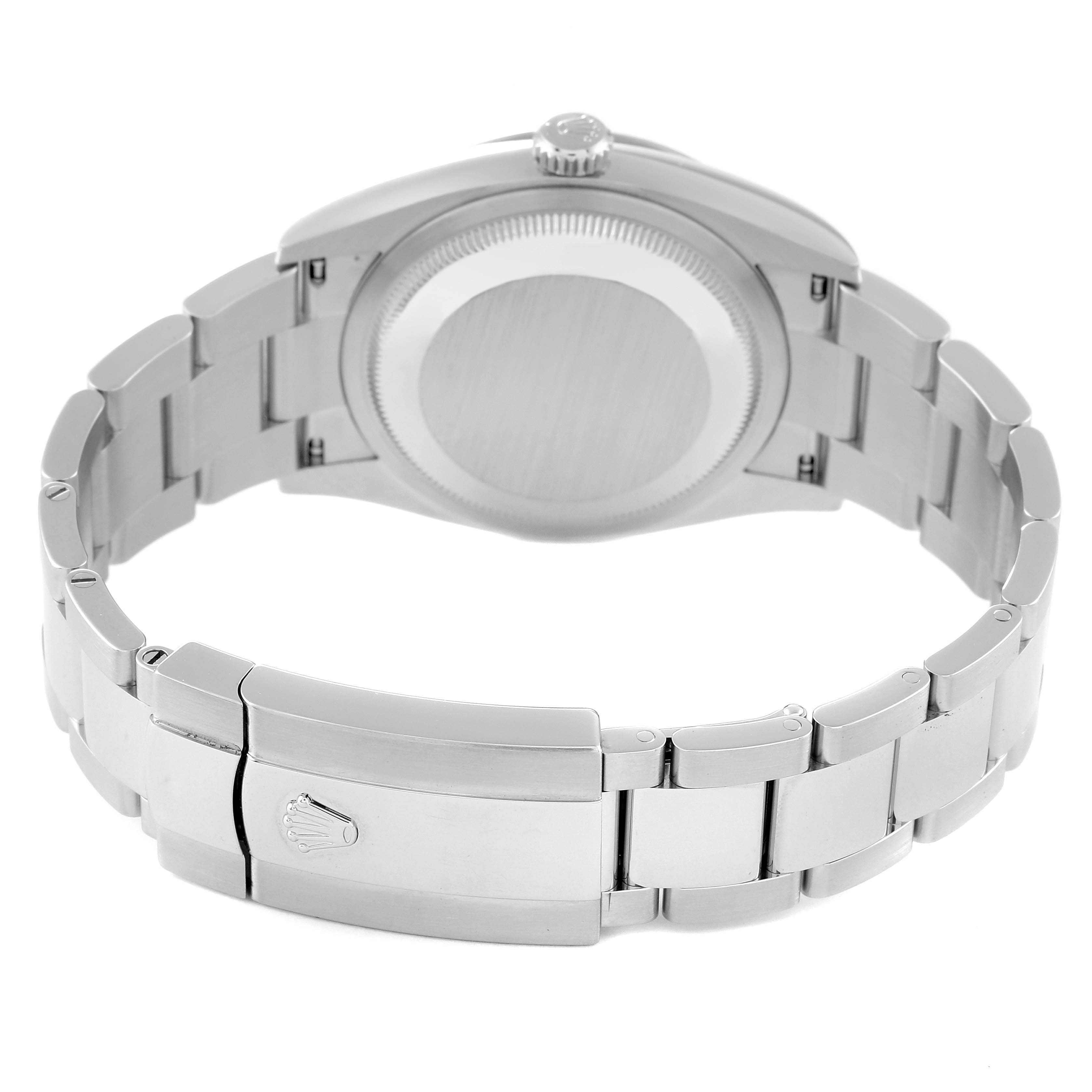 The image shows the back and clasp of a Rolex Datejust 126234 Men
s Stainless Steel Blue Dial 126234 Men
s Stainless Steel Blue Dial watch, featuring its stainless steel bracelet.