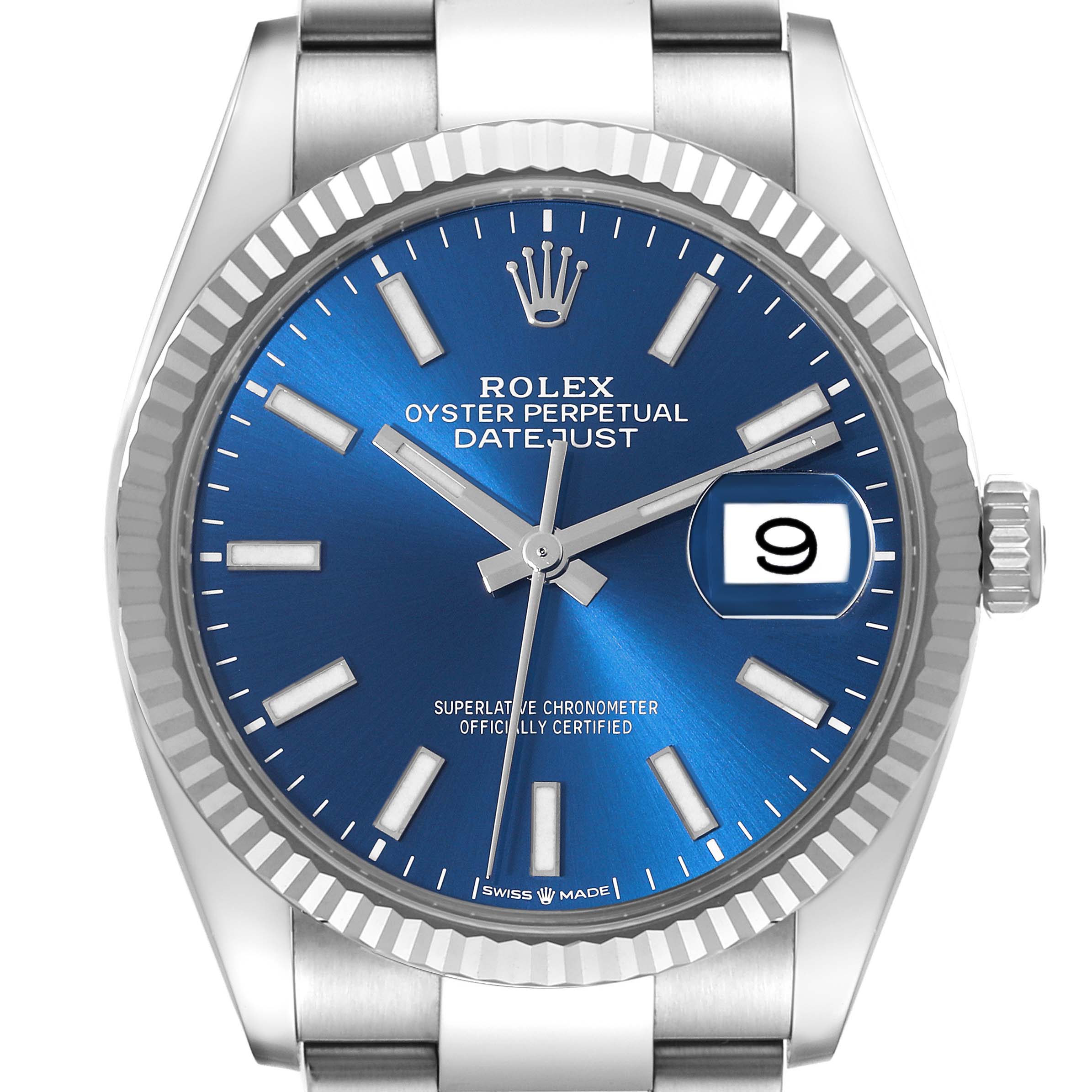 The image shows a front view of a Rolex Datejust 126234 Men
s Stainless Steel Blue Dial 126234 Men
s Stainless Steel Blue Dial watch featuring a blue dial, date window, and fluted bezel.