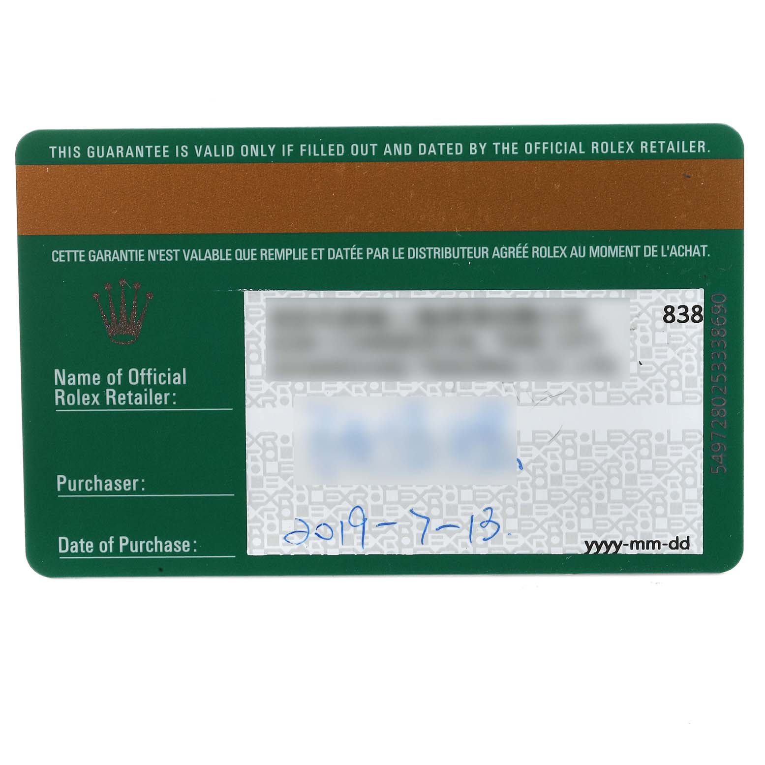 This image shows a guarantee card for a Rolex Datejust 126234 Men
s Stainless Steel Blue Dial 126234 Men
s Stainless Steel Blue Dial watch.