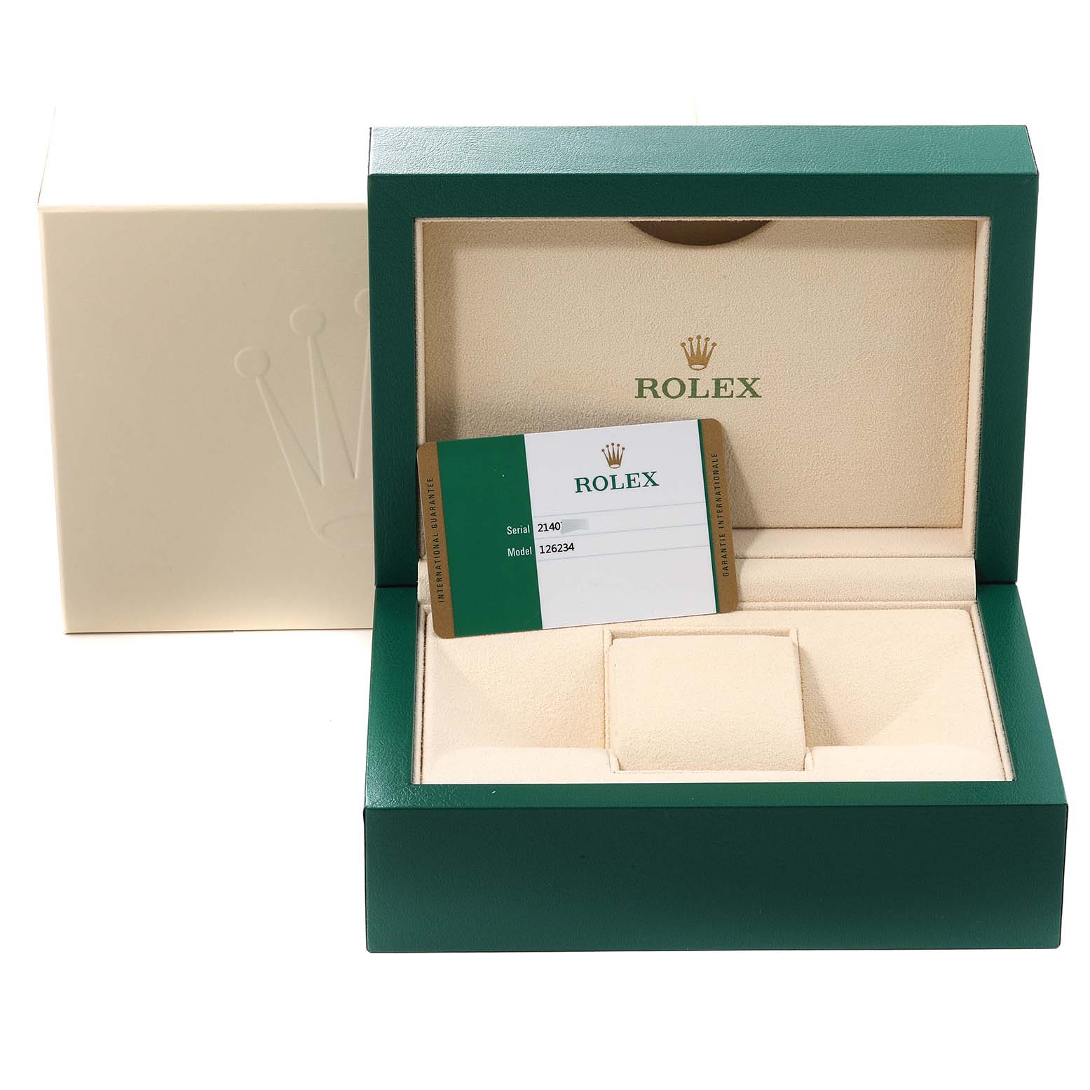 The image shows the open case and Best Quality
ation card for a Rolex Datejust 126234 Men
s Stainless Steel Blue Dial 126234 Men
s Stainless Steel Blue Dial model watch.