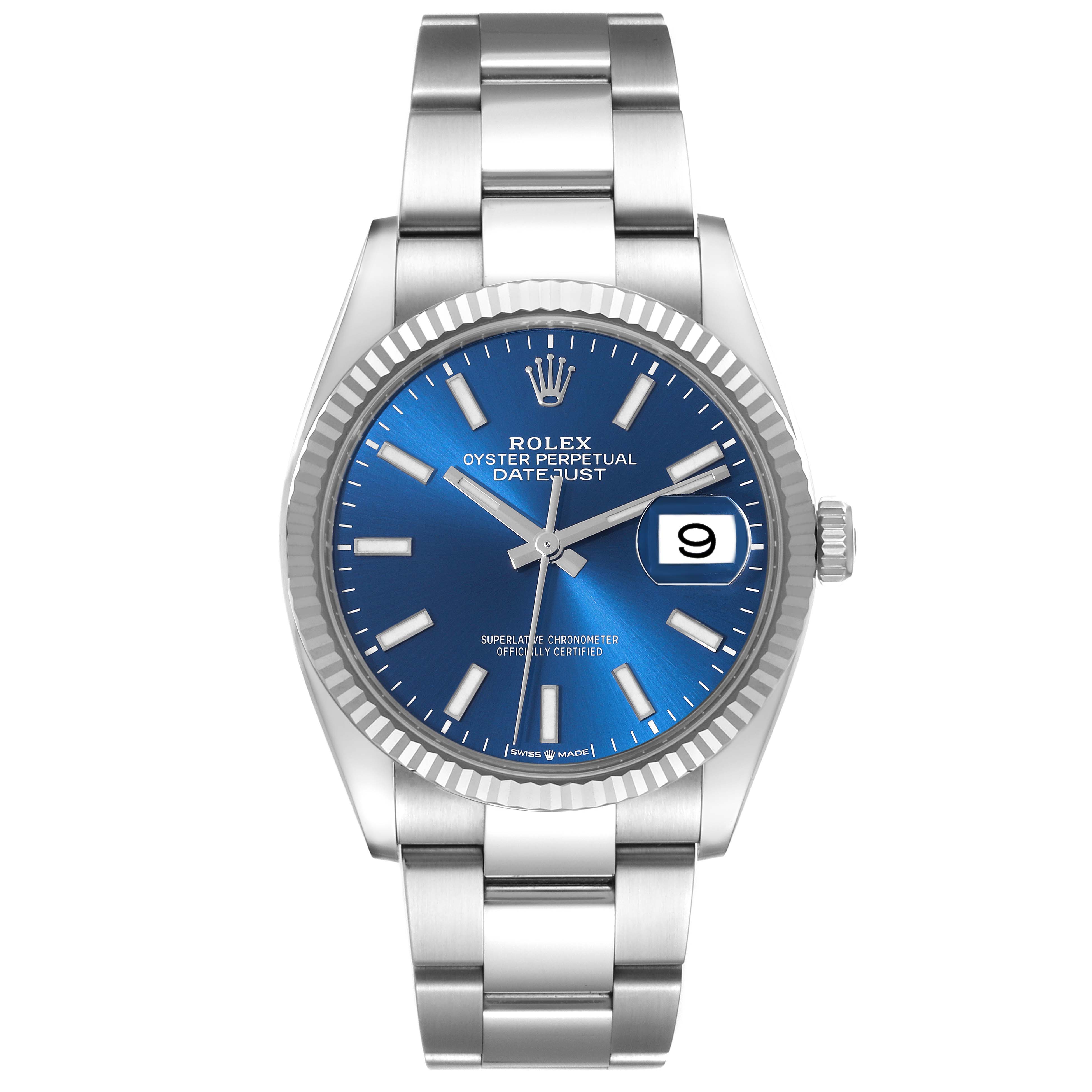 The Rolex Datejust 126234 Men
s Stainless Steel Blue Dial 126234 Men
s Stainless Steel Blue Dial watch is shown from a front angle, highlighting the dial, fluted bezel, and bracelet.