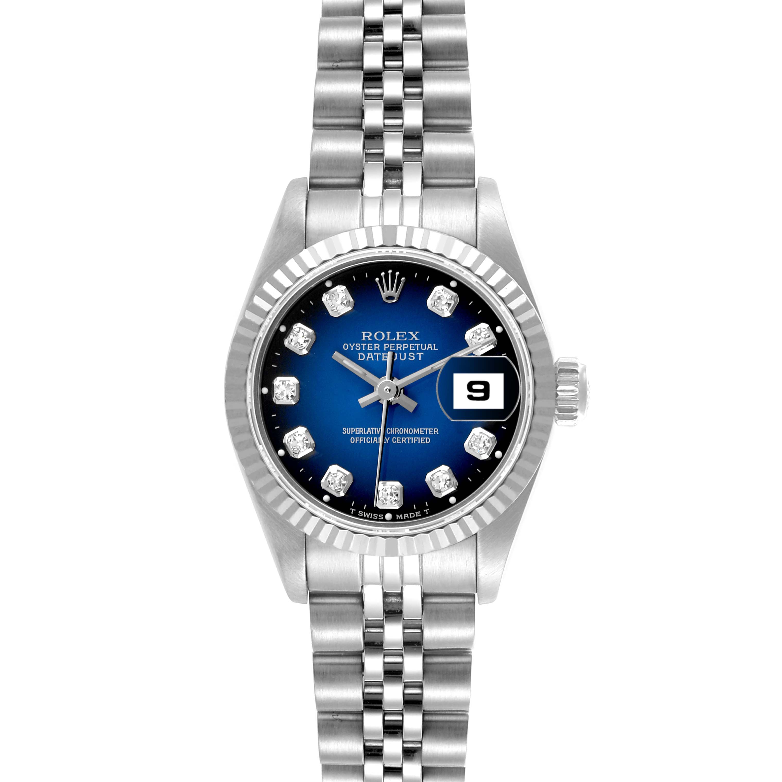 The Rolex Datejust 69174 Women's Stainless Steel Blue Dial 69174 Women's Stainless Steel Blue Dial watch is shown from a top view, highlighting the dial, bezel, and bracelet.