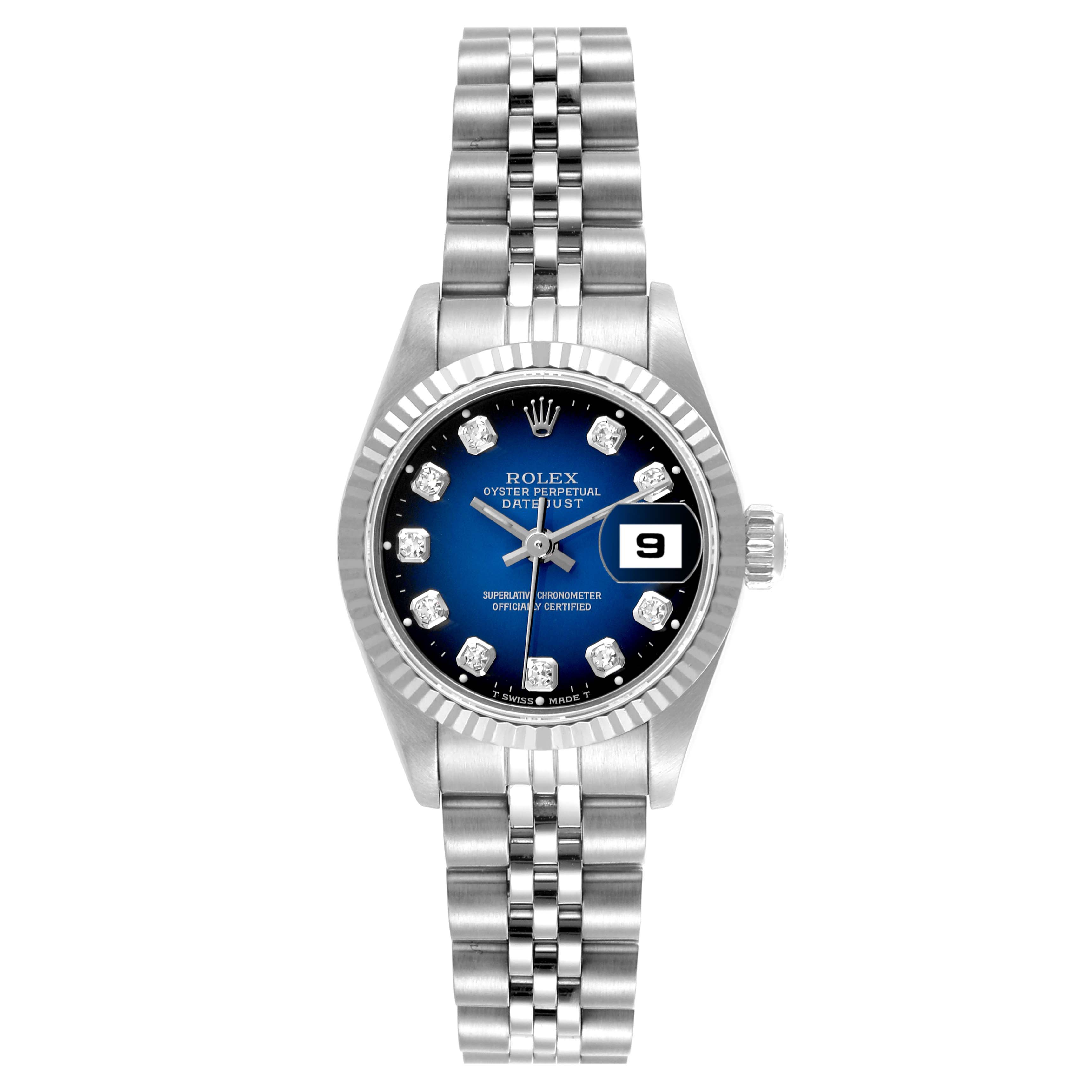 The Rolex Datejust 69174 Women's Stainless Steel Blue Dial 69174 Women's Stainless Steel Blue Dial watch is shown from a top-down angle, highlighting the face, bezel, and bracelet.