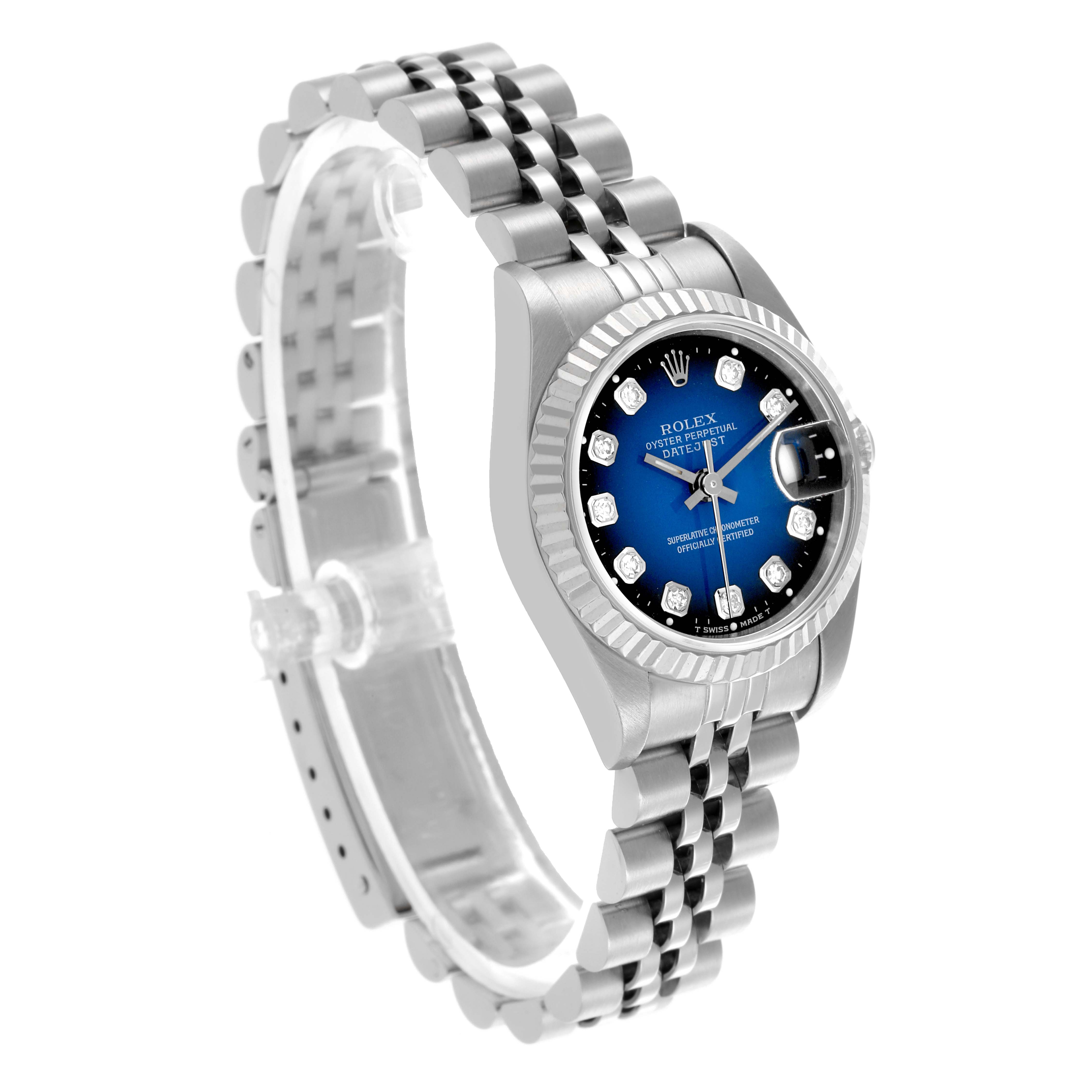 The Rolex Datejust 69174 Women's Stainless Steel Blue Dial 69174 Women's Stainless Steel Blue Dial is shown at a slight angle displaying the face, bezel, and Jubilee bracelet.