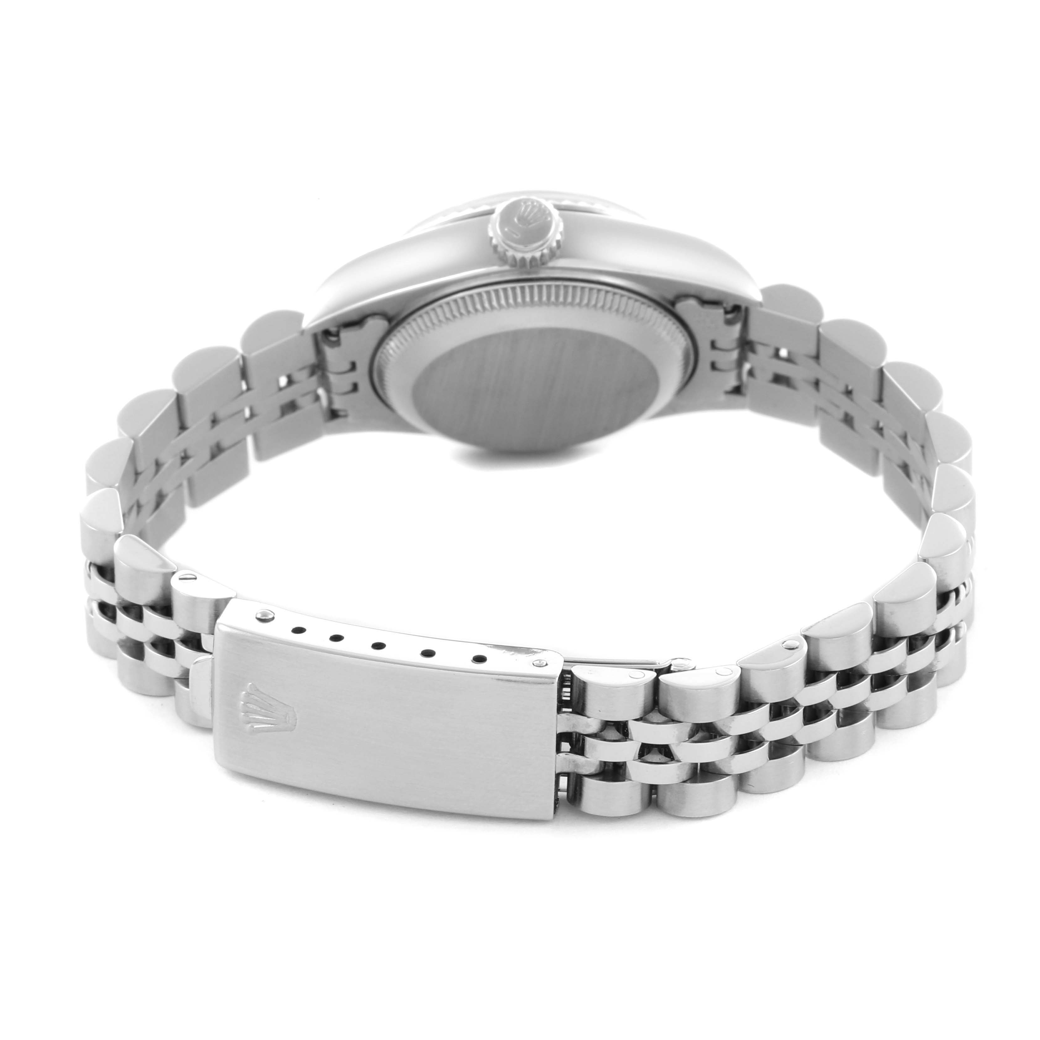 The Rolex Datejust 69174 Women's Stainless Steel Blue Dial 69174 Women's Stainless Steel Blue Dial watch is shown from the back, highlighting the bracelet and clasp.