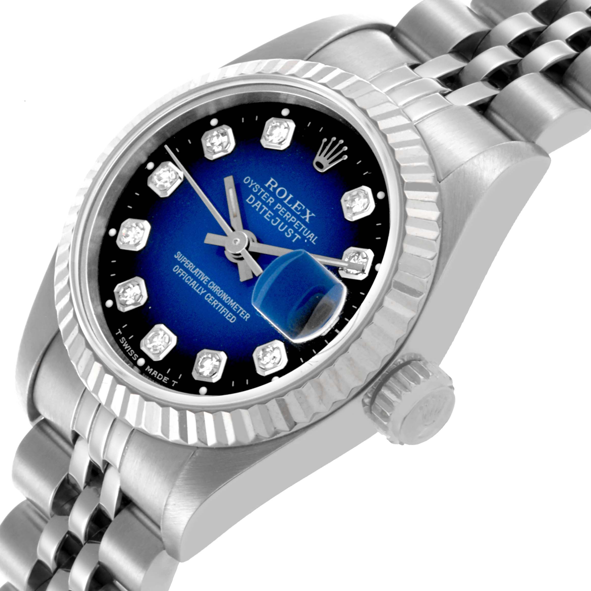The Rolex Datejust 69174 Women's Stainless Steel Blue Dial 69174 Women's Stainless Steel Blue Dial watch is shown at an angle highlighting the bezel, dial, and crown.