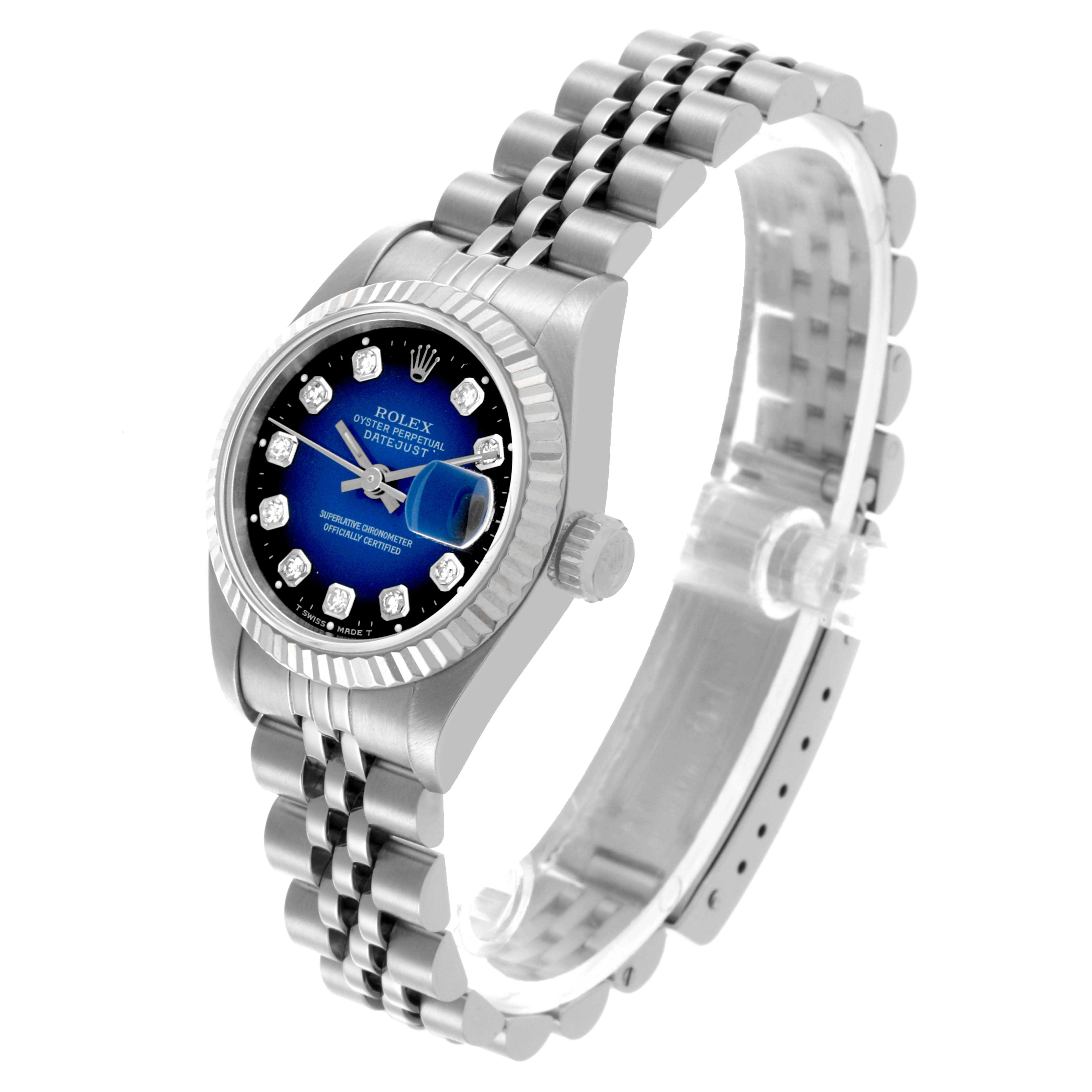 The Rolex Datejust 69174 Women's Stainless Steel Blue Dial 69174 Women's Stainless Steel Blue Dial is shown from a three-quarter angle, highlighting the face, bezel, crown, and bracelet.