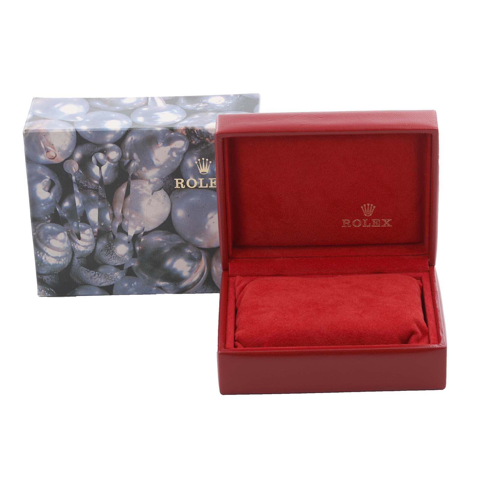 The image shows a Rolex Datejust 69174 Women's Stainless Steel Blue Dial 69174 Women's Stainless Steel Blue Dial box and packaging, including an open red watch case and a decorated outer box.