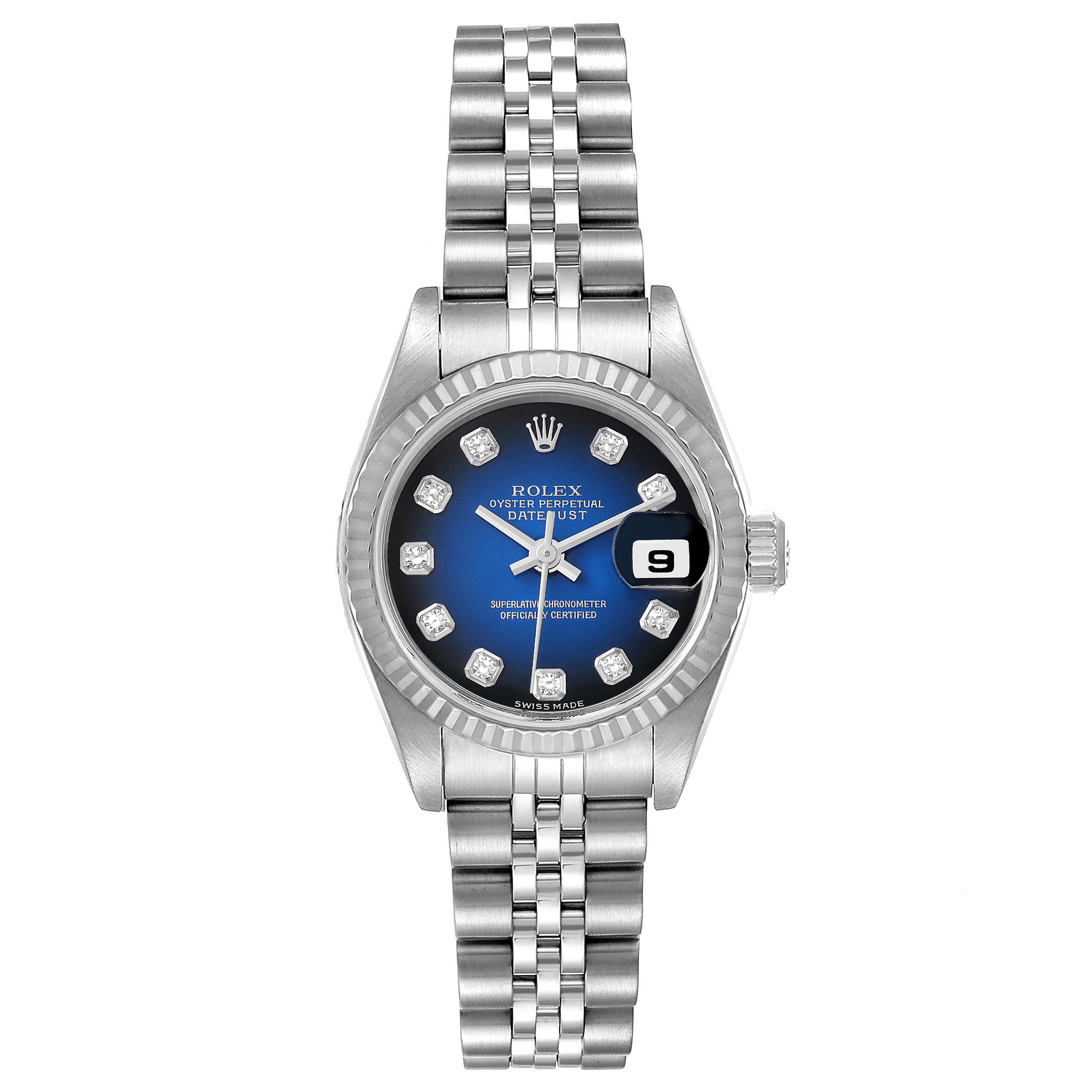 This image shows a front view of a Rolex Datejust 79174 Women's Stainless Steel Blue Dial 79174 Women's Stainless Steel Blue Dial watch, displaying its face, bezel, and entire bracelet.