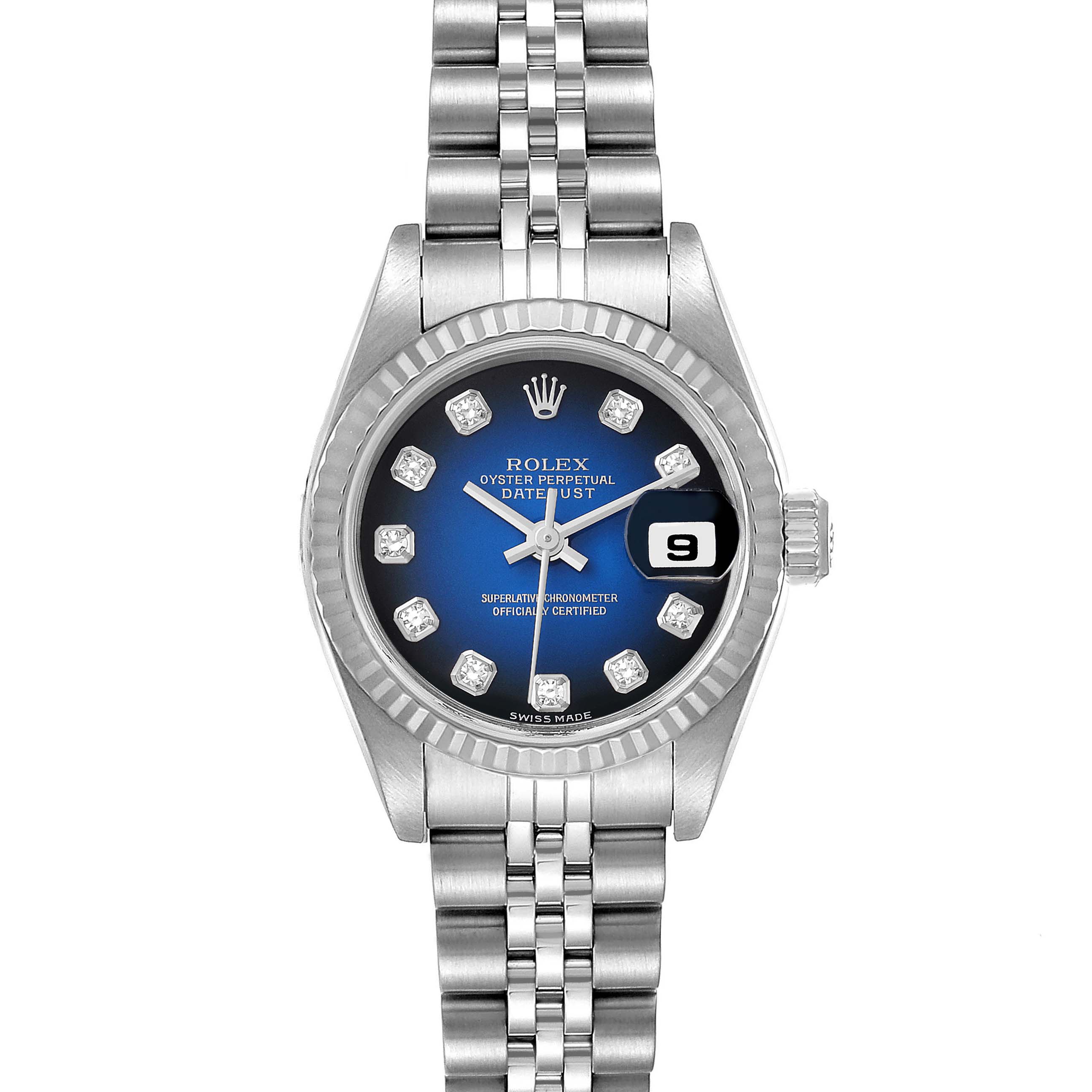 The image shows a frontal view of a Rolex Datejust 79174 Women's Stainless Steel Blue Dial 79174 Women's Stainless Steel Blue Dial watch with a blue dial, fluted bezel, and Jubilee bracelet.
